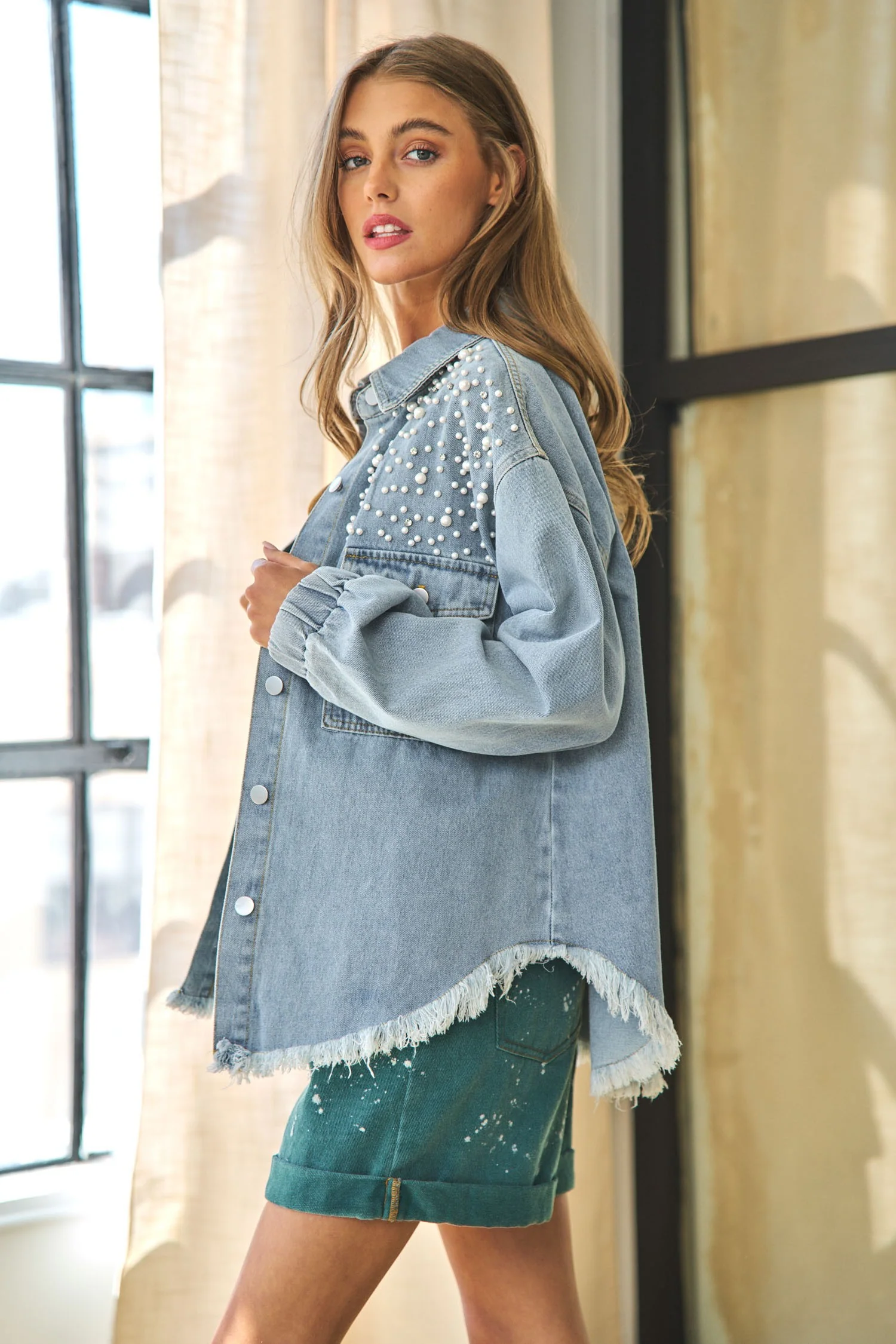 Super Pearl Girl Oversized Denim Shacket - Blue - Image 3