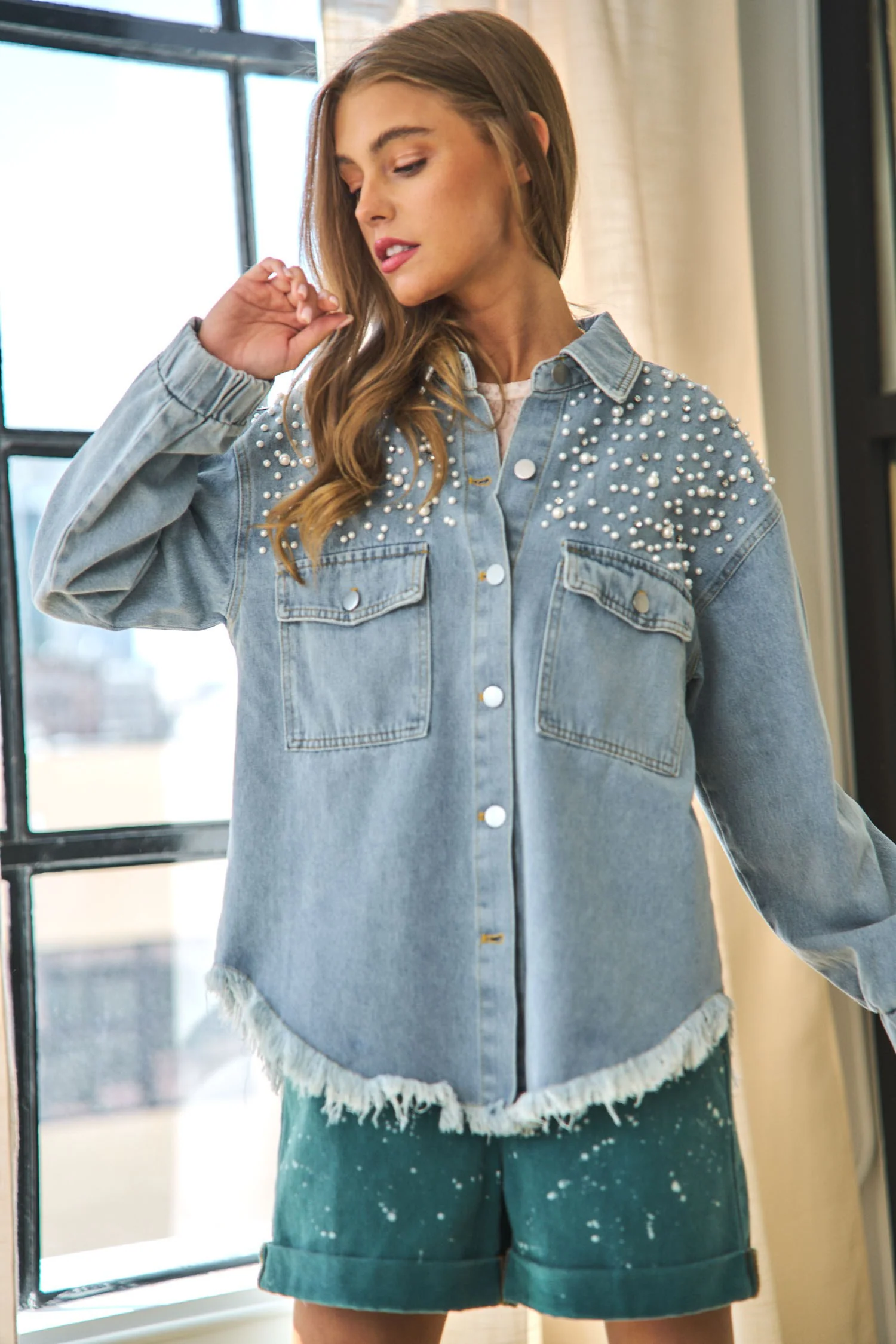 Super Pearl Girl Oversized Denim Shacket - Blue - Image 6