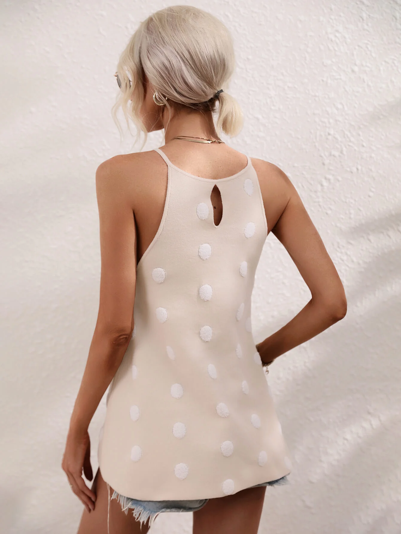 SURF SEASON KNIT POLKA DOT PATTERN TANK - BEIGE - Image 3