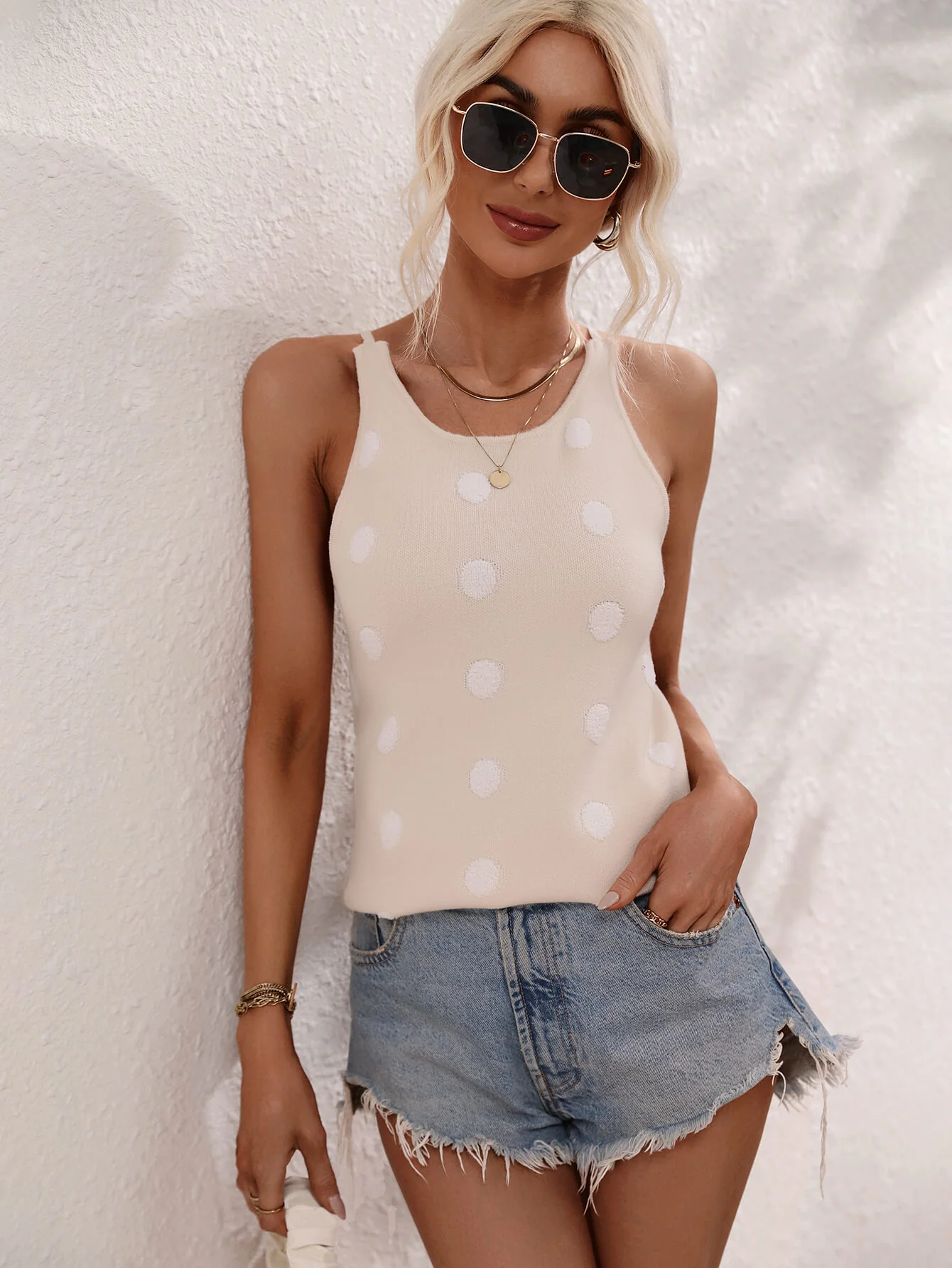 SURF SEASON KNIT POLKA DOT PATTERN TANK - BEIGE - Image 6