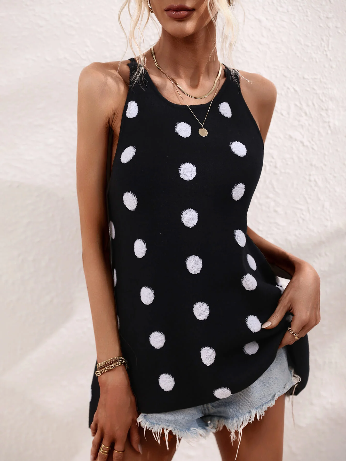 SURF SEASON KNIT POLKA DOT PATTERN TANK - BLACK - Image 2