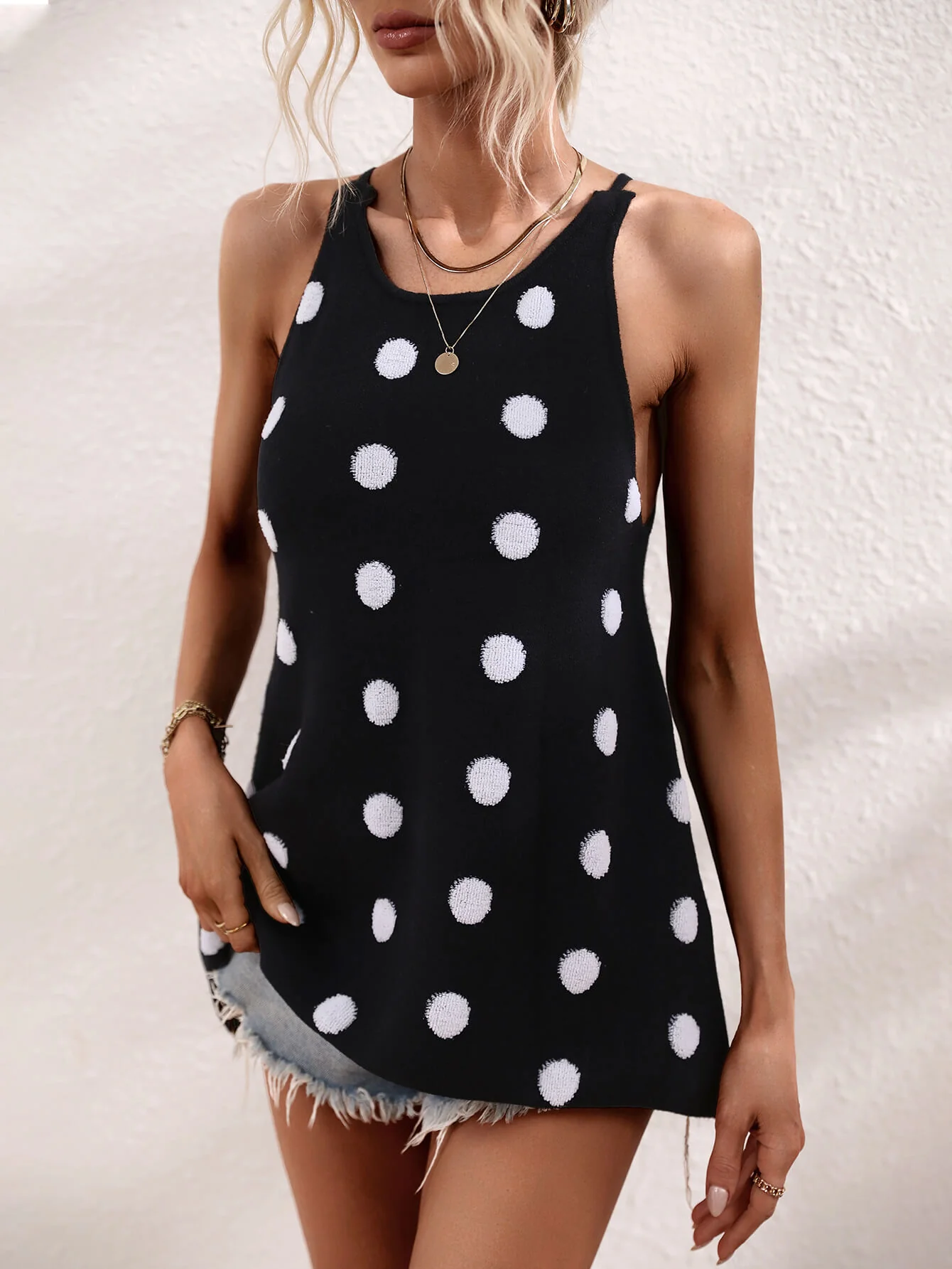 SURF SEASON KNIT POLKA DOT PATTERN TANK - BLACK - Image 5