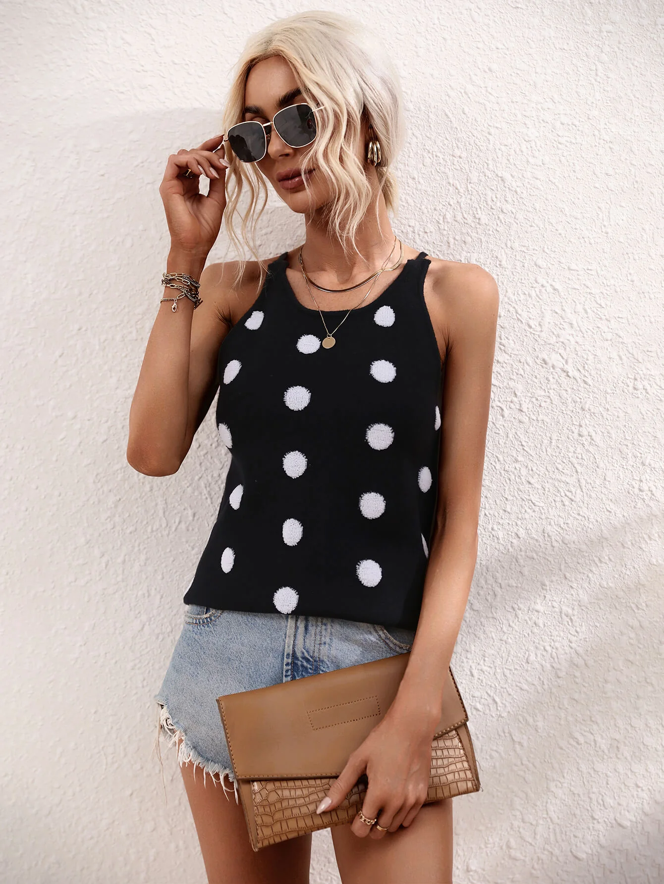 SURF SEASON KNIT POLKA DOT PATTERN TANK - BLACK - Image 6