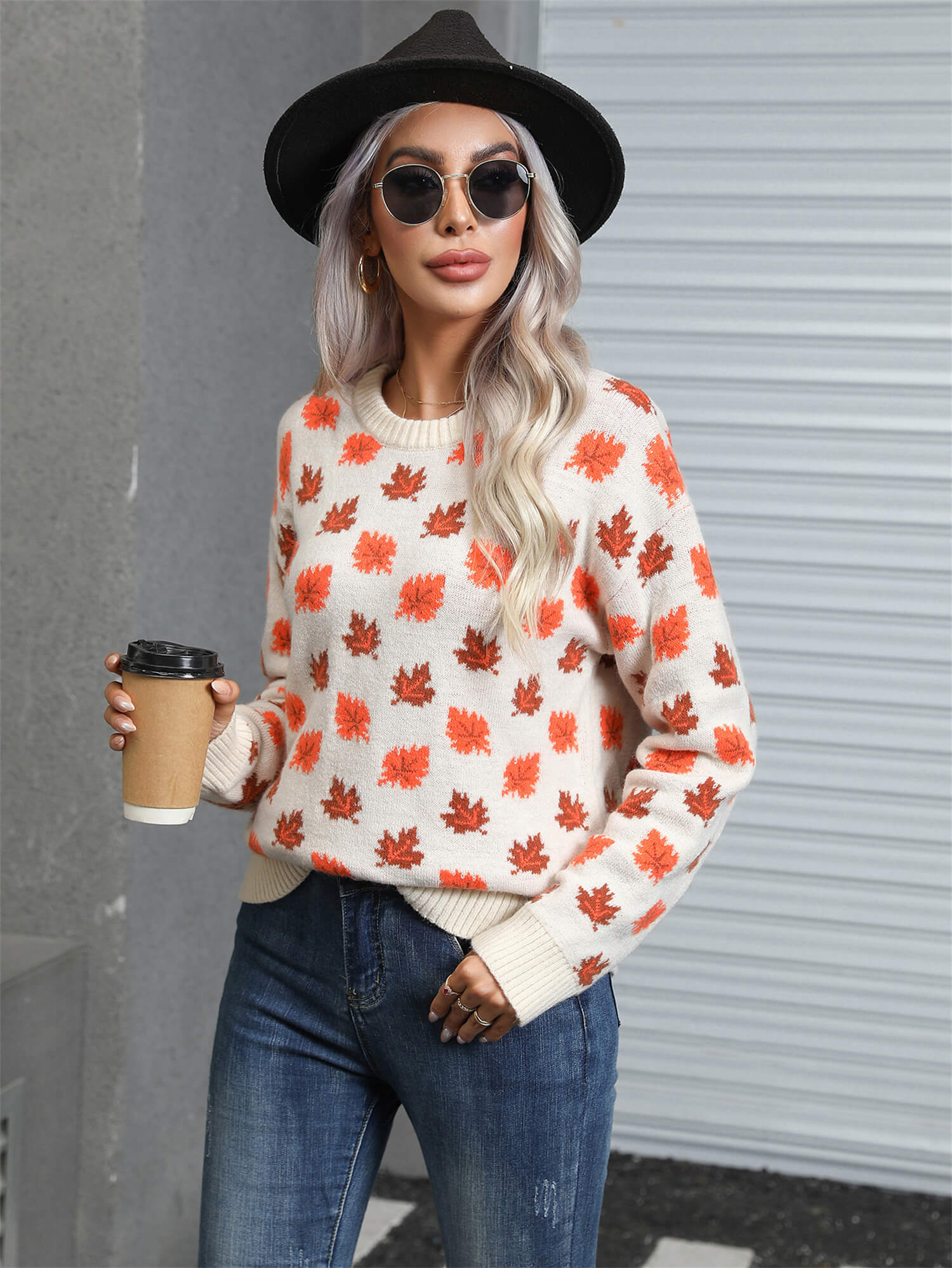 Sweet Maple Leaf Pullover Sweater - Cream - Image 4