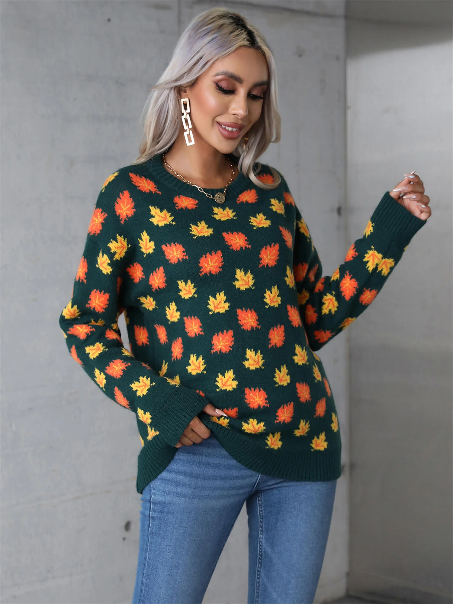 Sweet Maple Leaf Pullover Sweater - Green - Image 2
