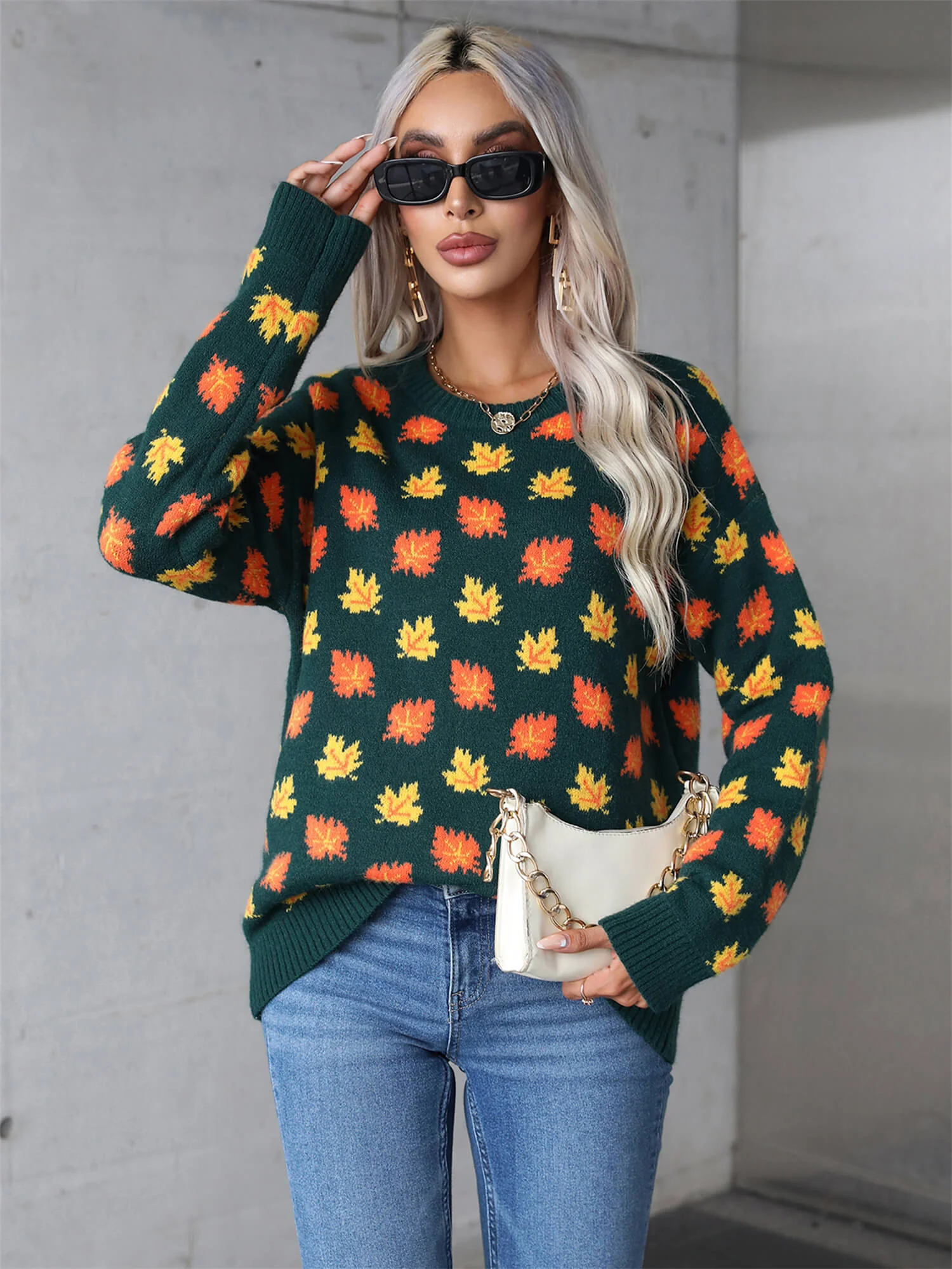 Sweet Maple Leaf Pullover Sweater - Green - Image 3