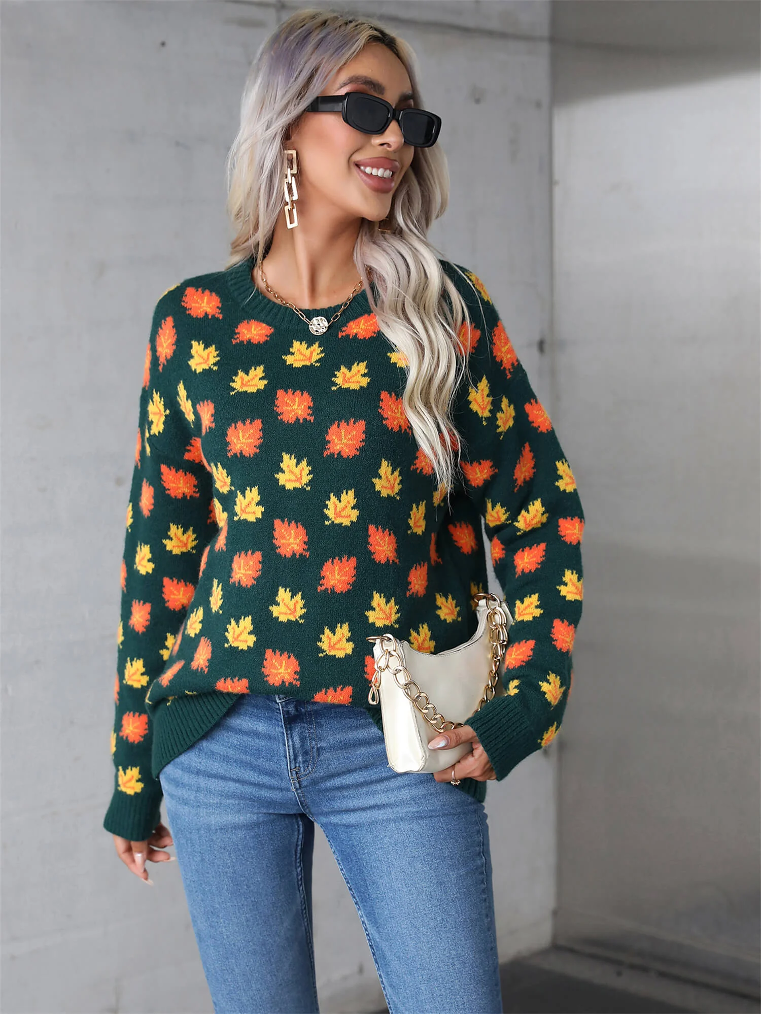 Sweet Maple Leaf Pullover Sweater - Green - Image 4
