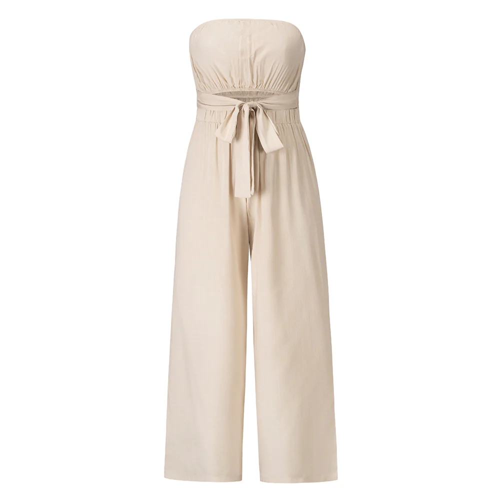 Tammy Strapless Waist Tie Front Jumpsuit - Apricot - Image 4