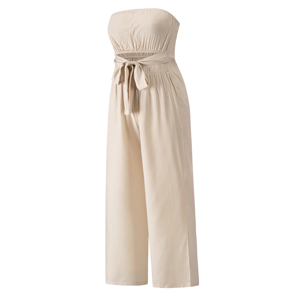 Tammy Strapless Waist Tie Front Jumpsuit - Apricot - Image 5