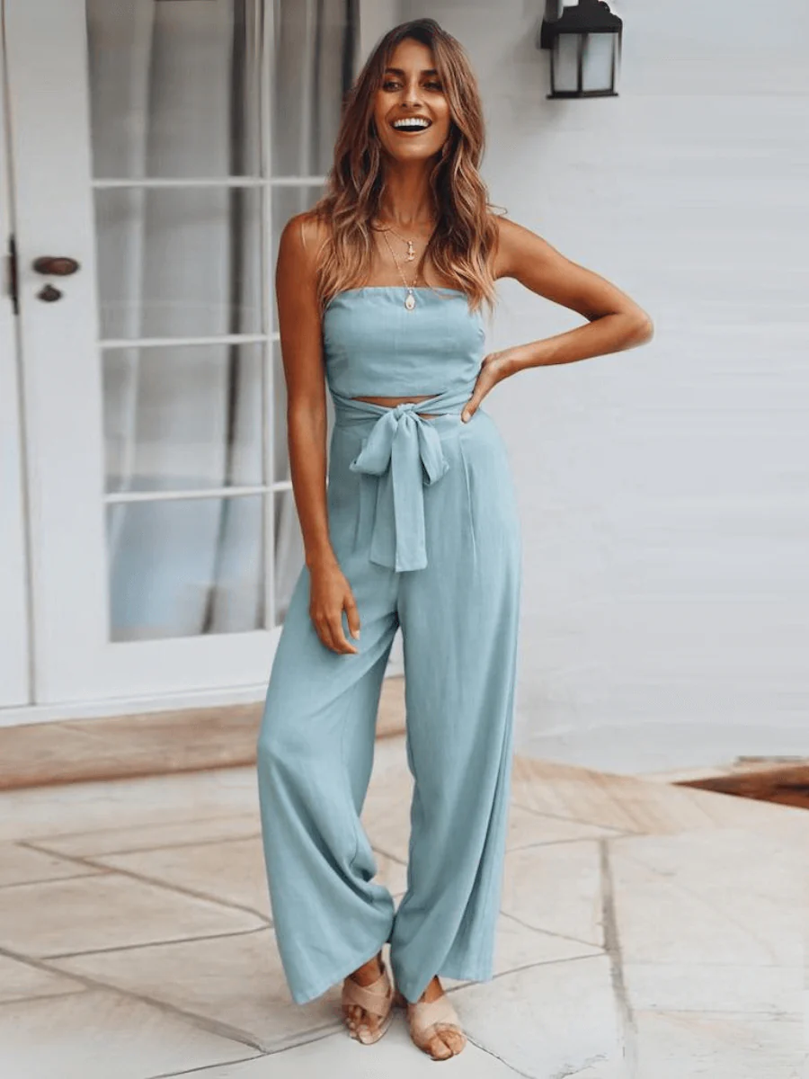 Tammy Strapless Waist Tie Front Jumpsuit - Blue - Image 2