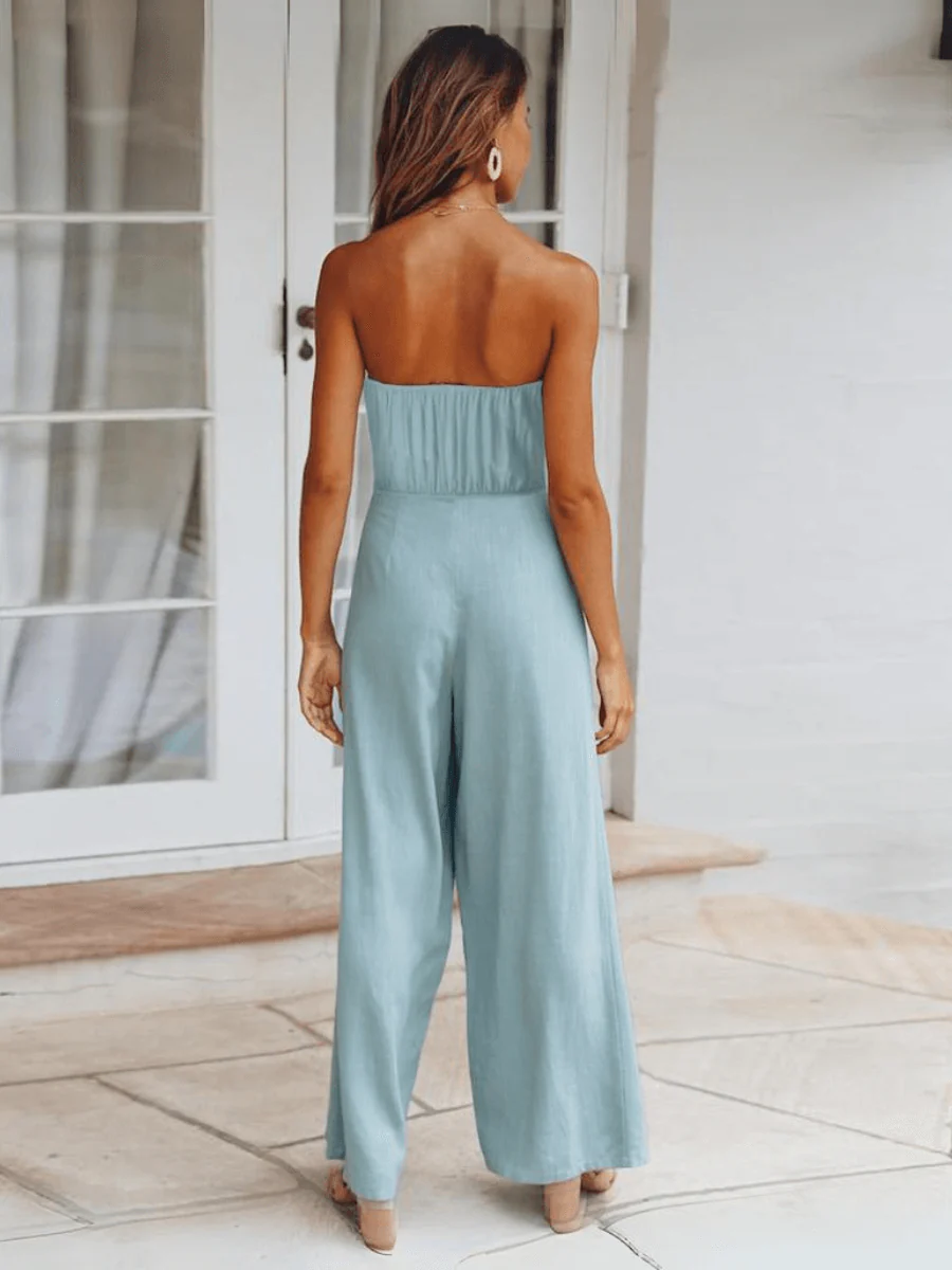 Tammy Strapless Waist Tie Front Jumpsuit - Blue - Image 3