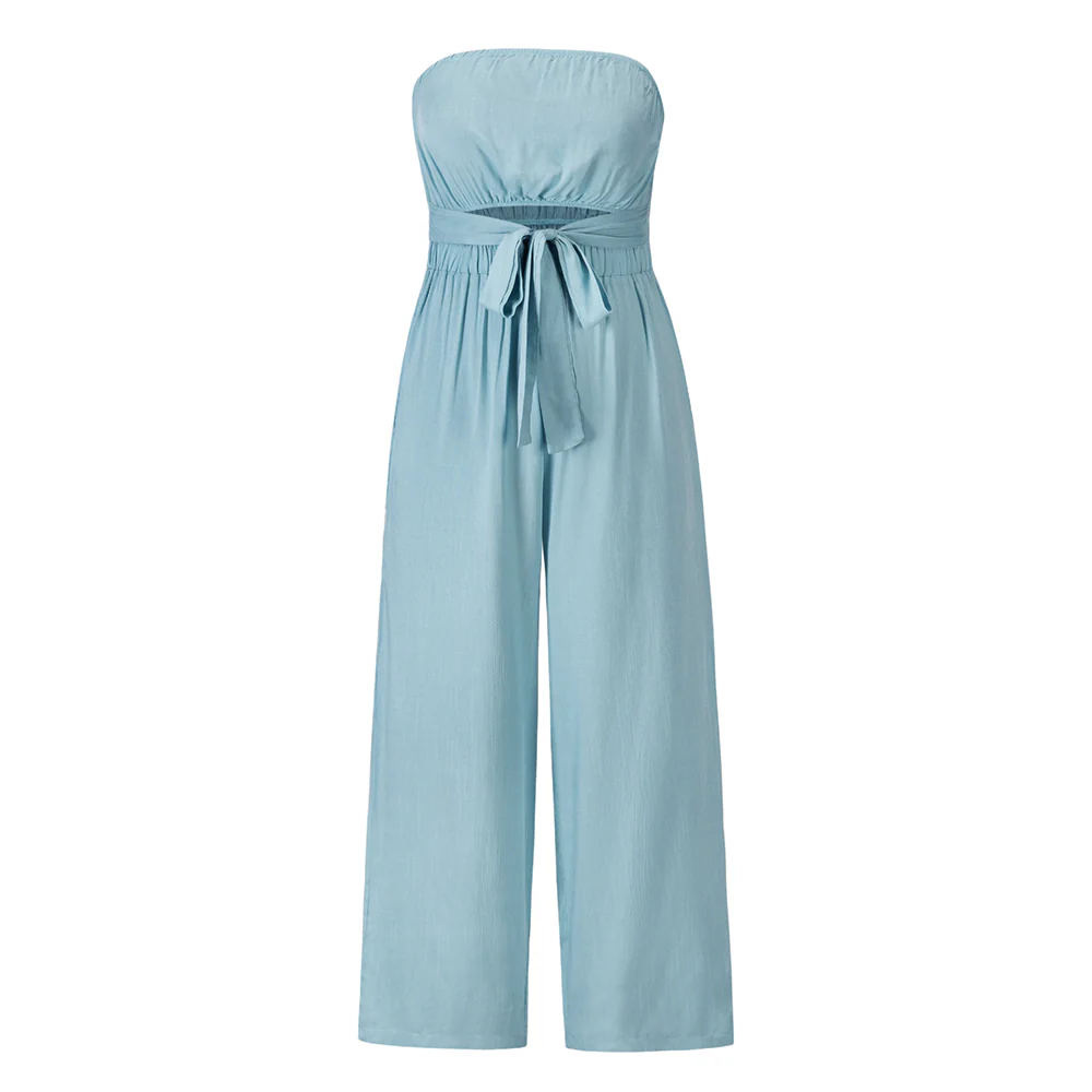 Tammy Strapless Waist Tie Front Jumpsuit - Blue - Image 4
