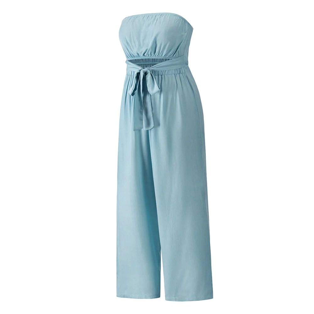 Tammy Strapless Waist Tie Front Jumpsuit - Blue - Image 5