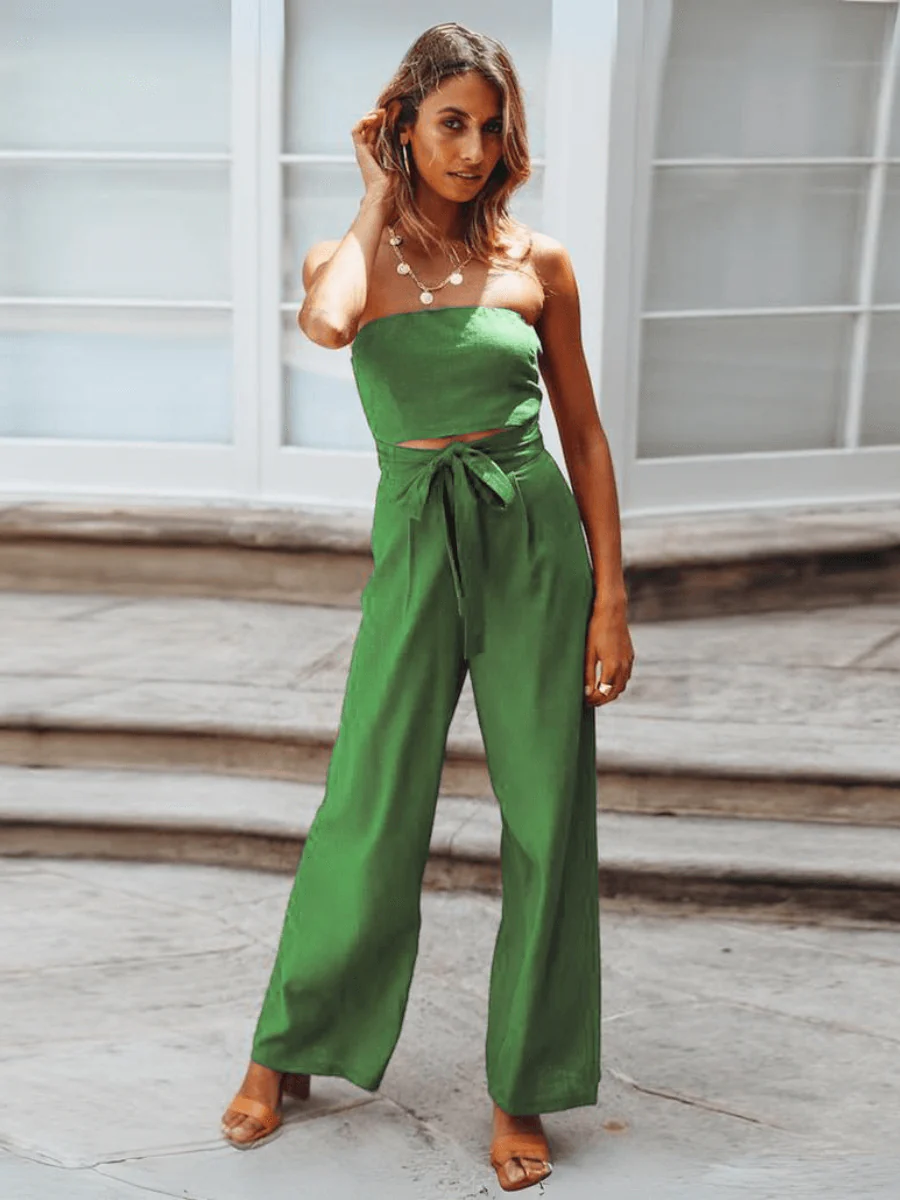 Tammy Strapless Waist Tie Front Jumpsuit - Green - Image 2