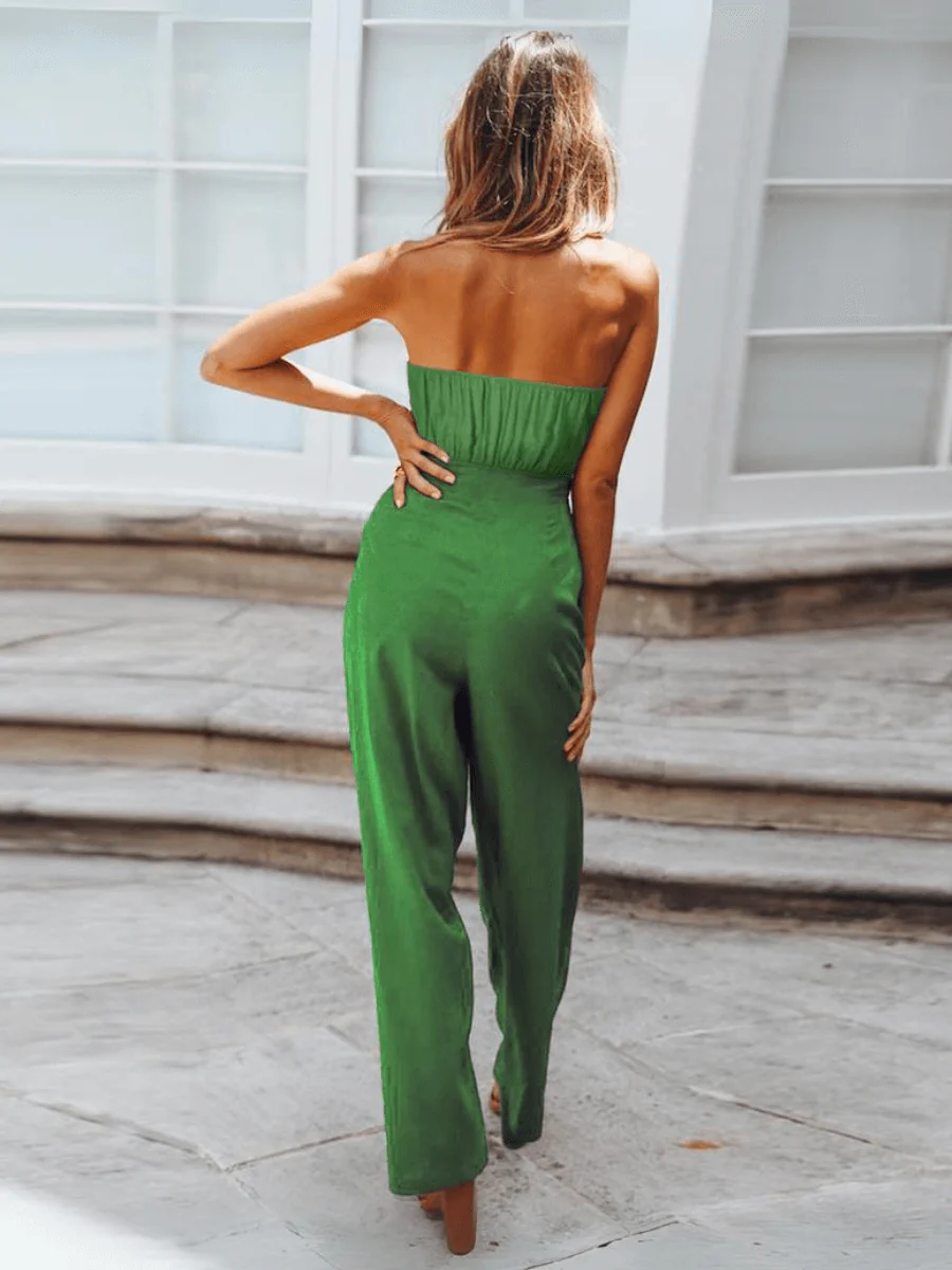 Tammy Strapless Waist Tie Front Jumpsuit - Green - Image 3