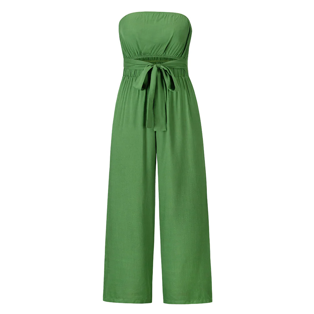 Tammy Strapless Waist Tie Front Jumpsuit - Green - Image 4