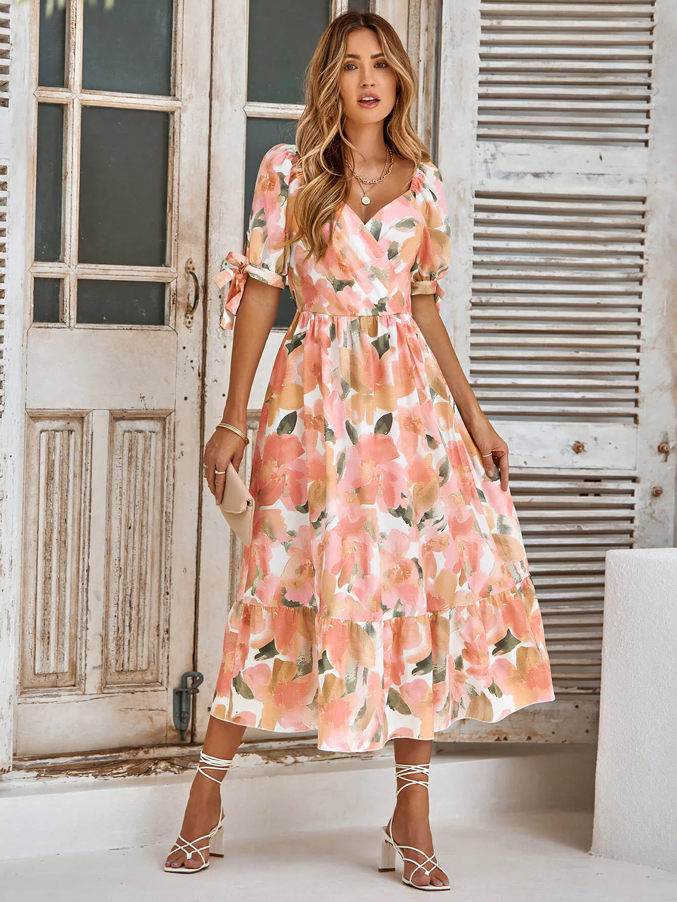 TANYA PAINTING FLORAL SHORT SLEEVE MAXI DRESS - PEACH - Image 4