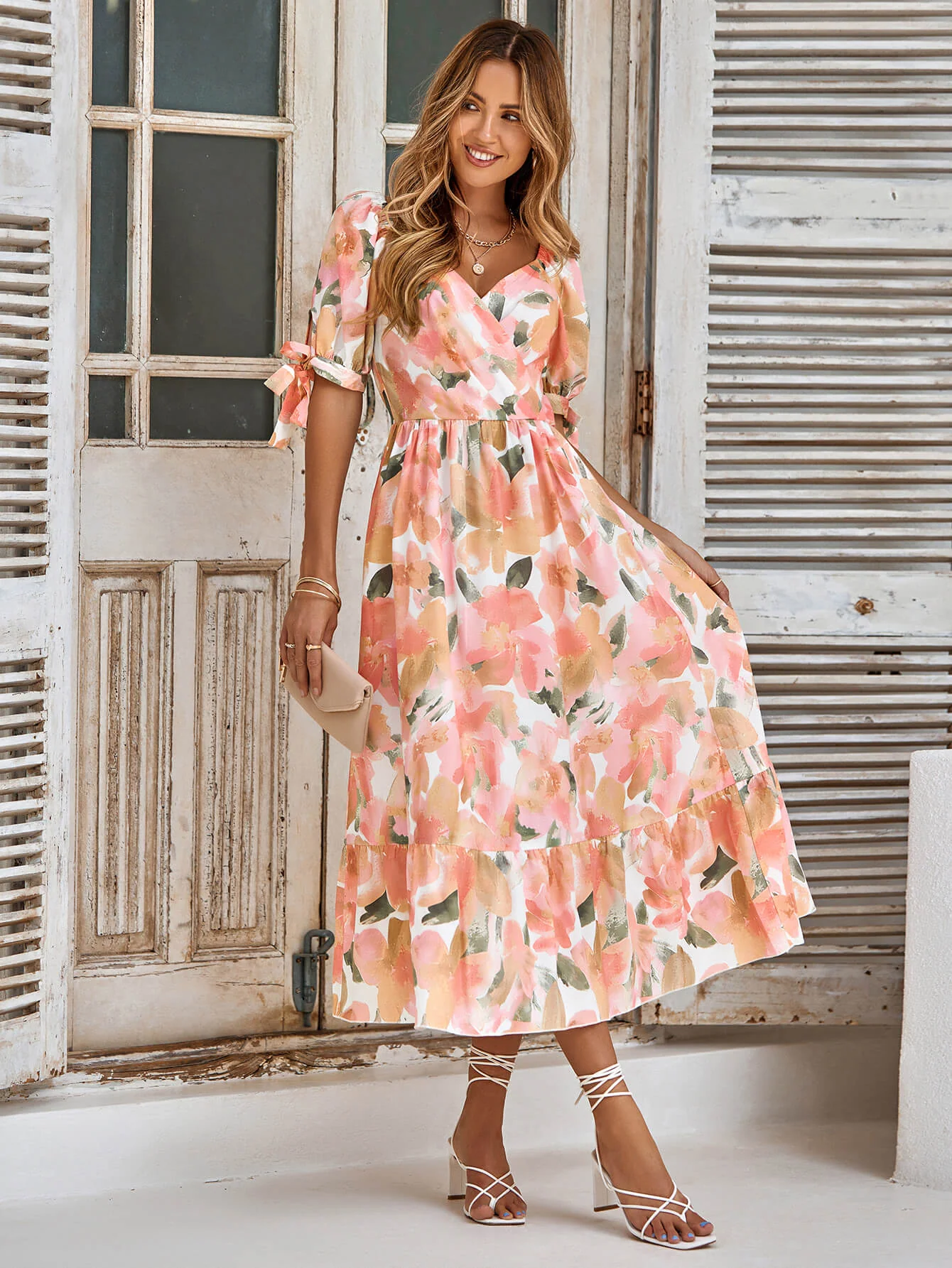 TANYA PAINTING FLORAL SHORT SLEEVE MAXI DRESS - PEACH - Image 5