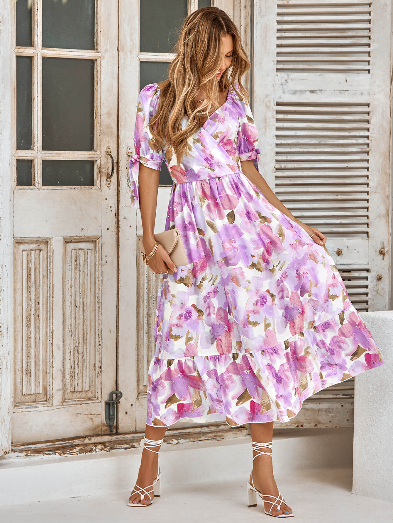TANYA PAINTING FLORAL SHORT SLEEVE MAXI DRESS - PURPLE - Image 2