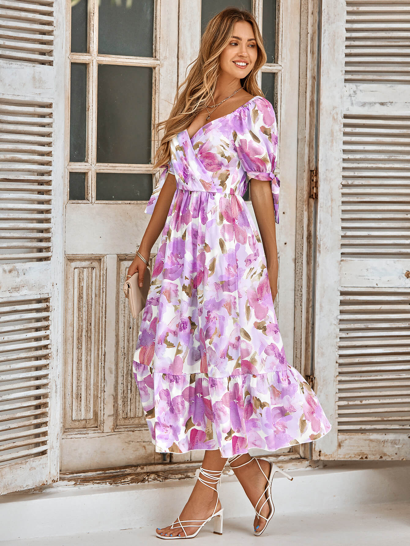 TANYA PAINTING FLORAL SHORT SLEEVE MAXI DRESS - PURPLE - Image 4