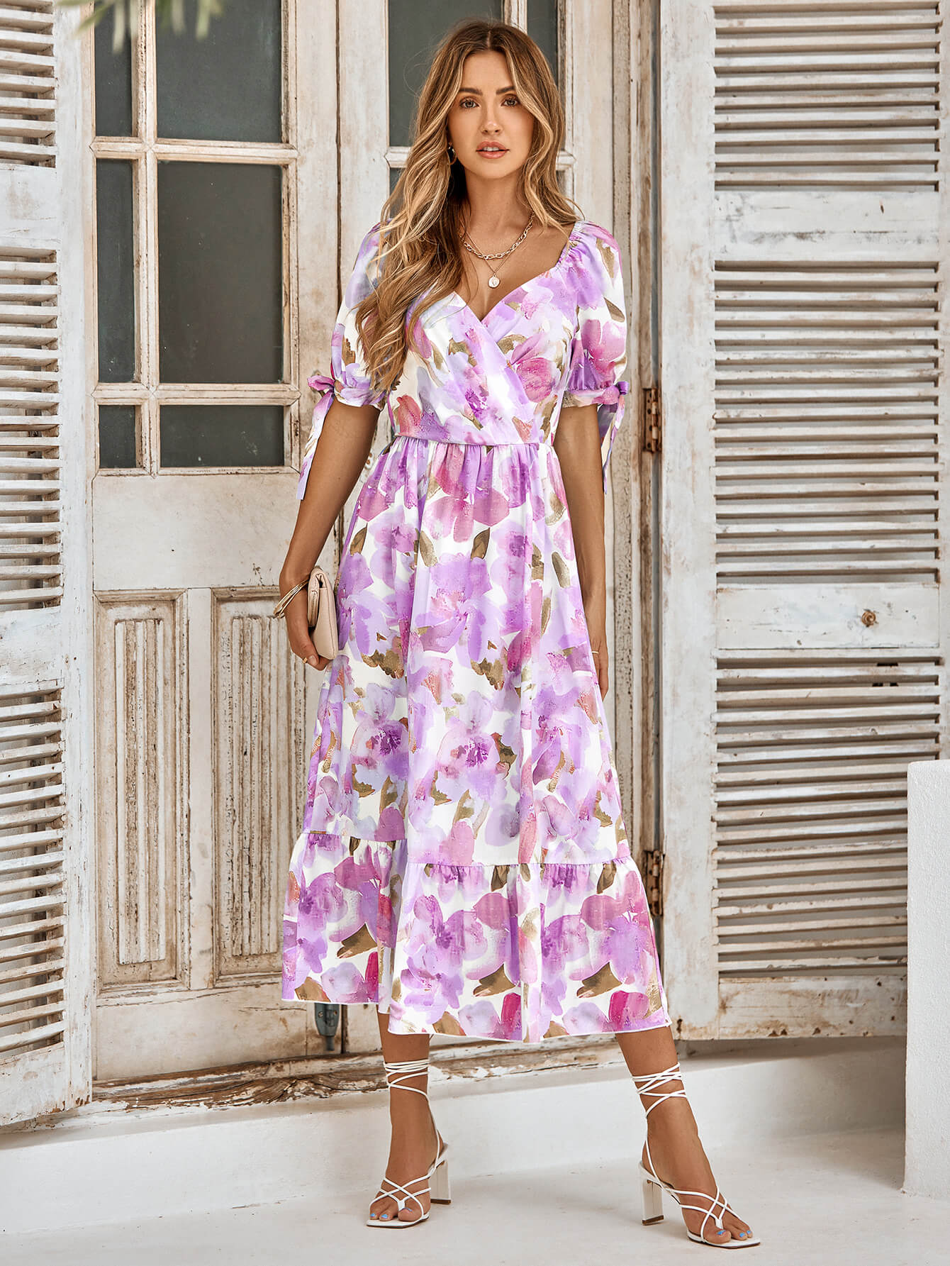 TANYA PAINTING FLORAL SHORT SLEEVE MAXI DRESS - PURPLE - Image 5