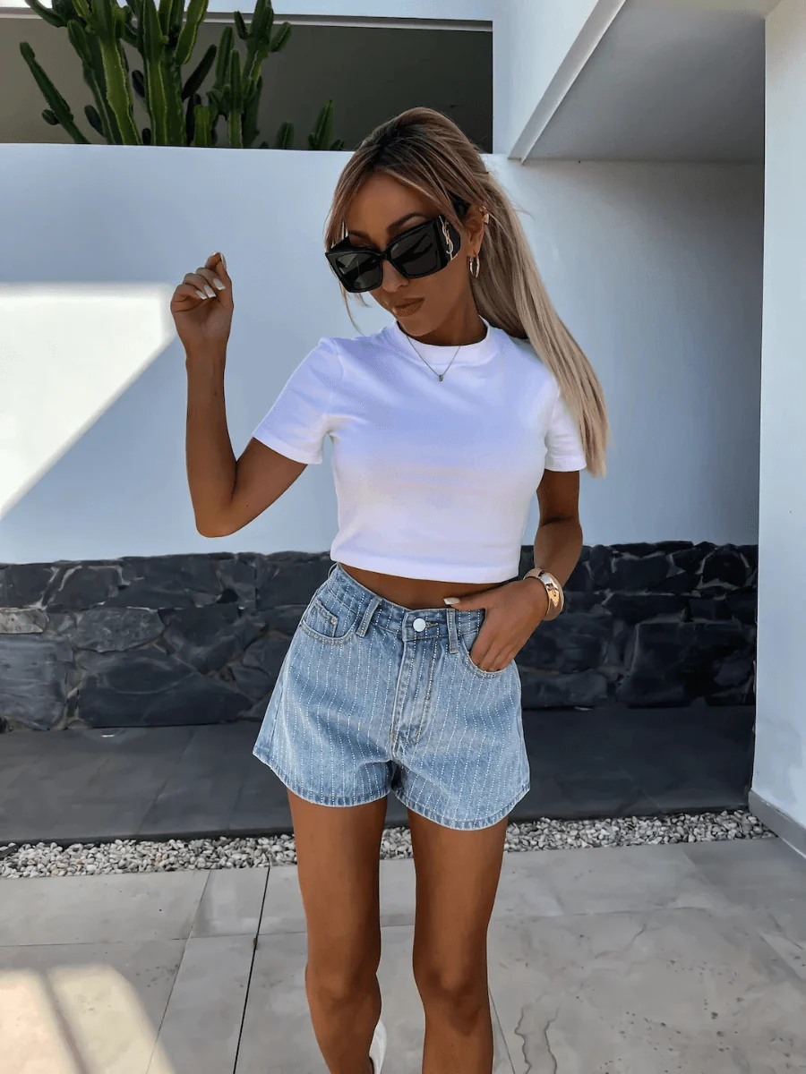 Tavira Sparkle High Rise Denim Shorts - Light Wash - Image 5