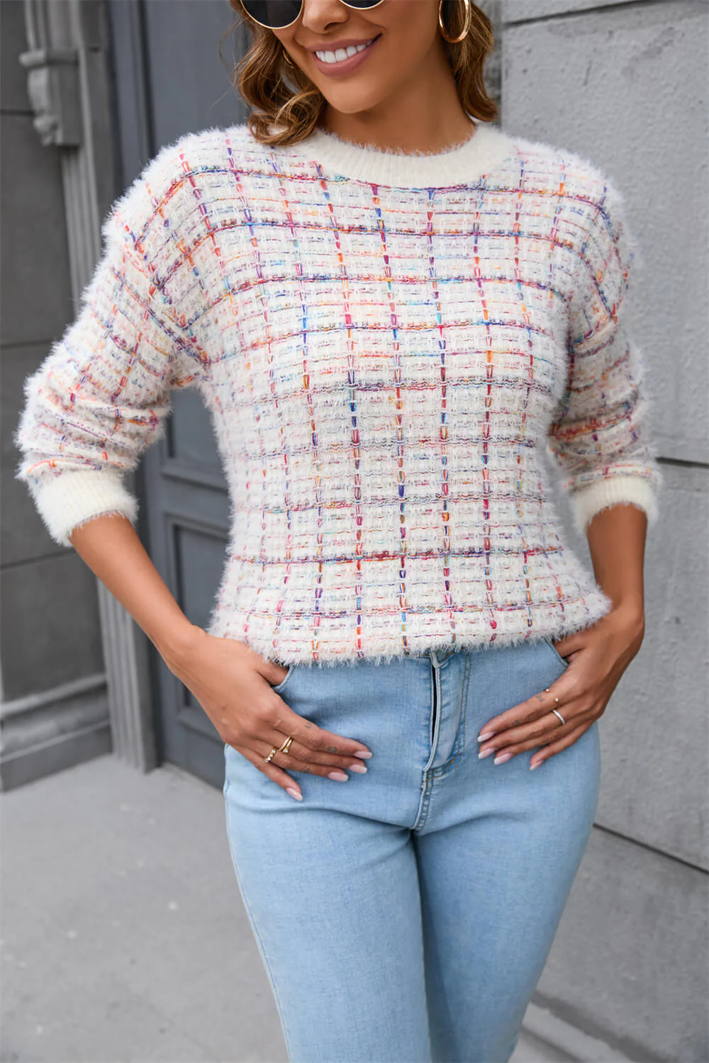 Taylor Plaid Fuzzy Knit Sweater - Cream - Image 4