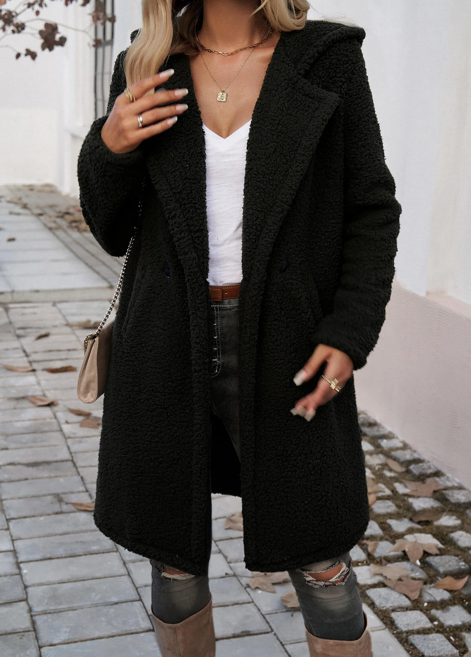 Teddy Longline Pocketed Coat - Black - Image 4