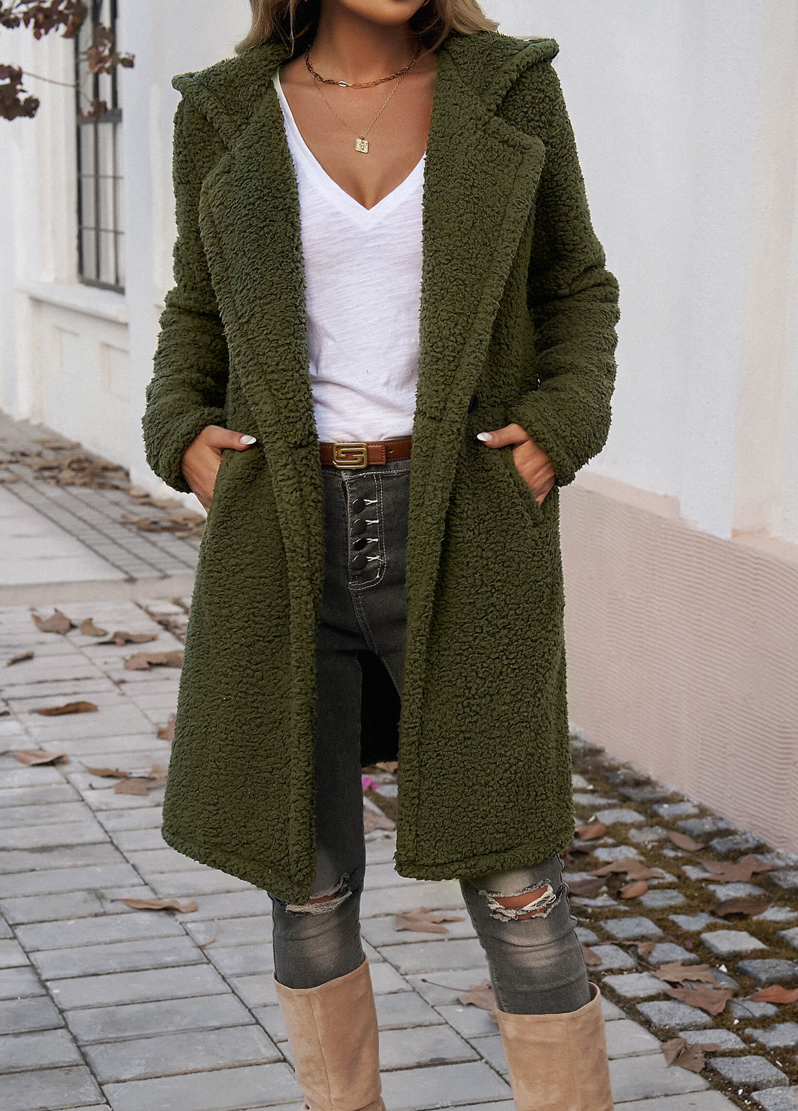 Teddy Longline Pocketed Coat - Olive - Image 2