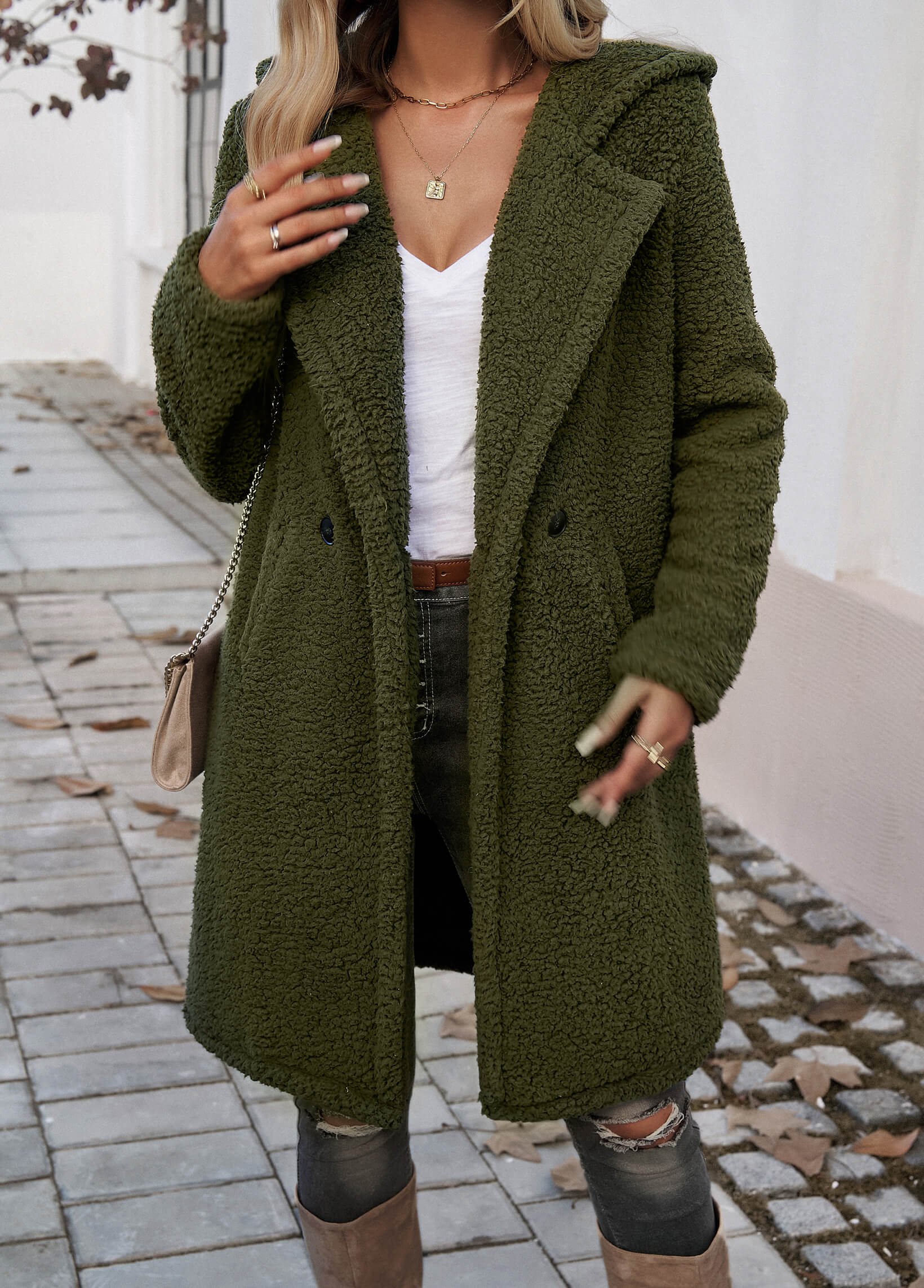 Teddy Longline Pocketed Coat - Olive - Image 5