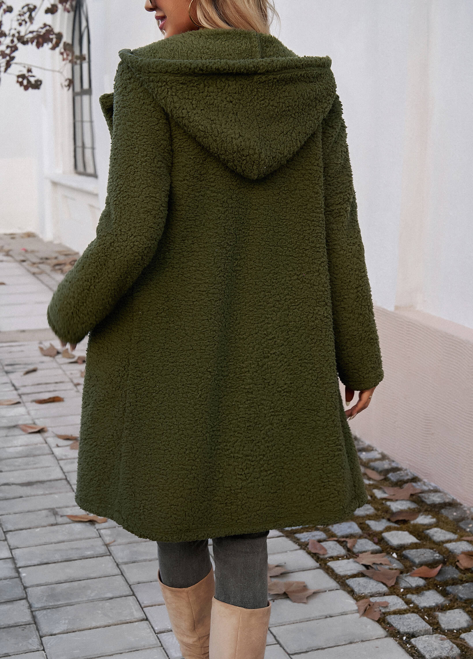Teddy Longline Pocketed Coat - Olive - Image 6