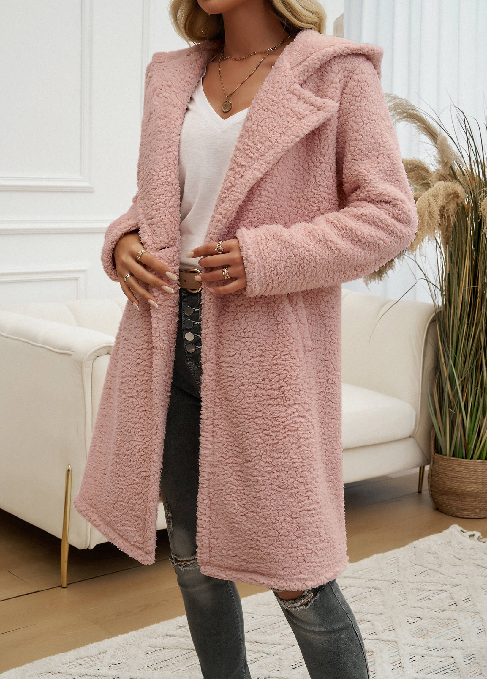 Teddy Longline Pocketed Coat - Pink - Image 2