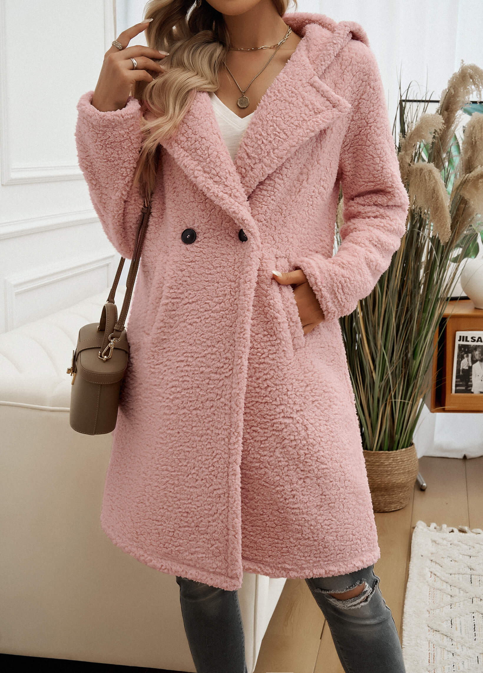 Teddy Longline Pocketed Coat - Pink - Image 3