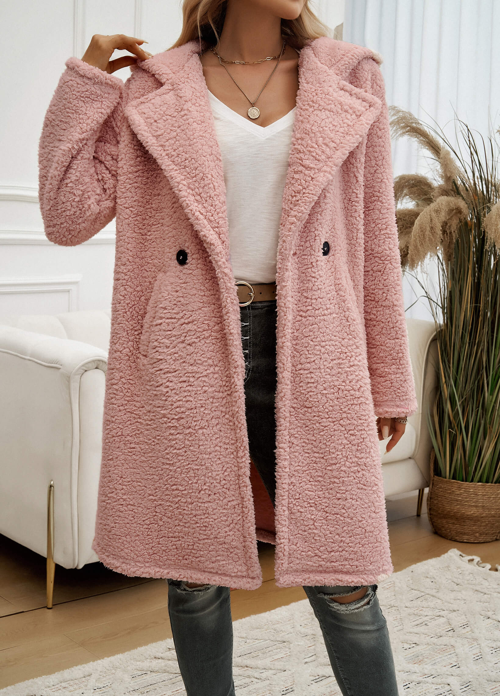 Teddy Longline Pocketed Coat - Pink - Image 5
