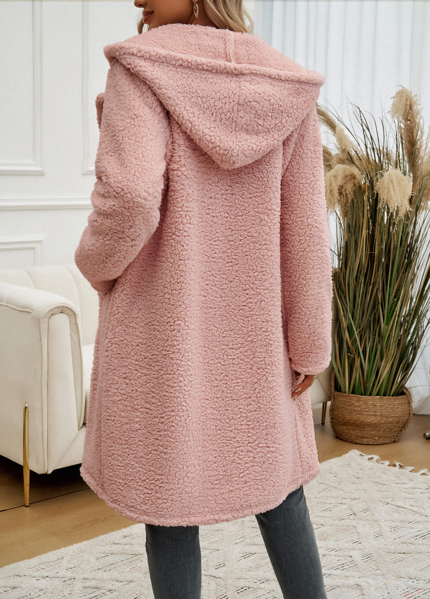 Teddy Longline Pocketed Coat - Pink - Image 6
