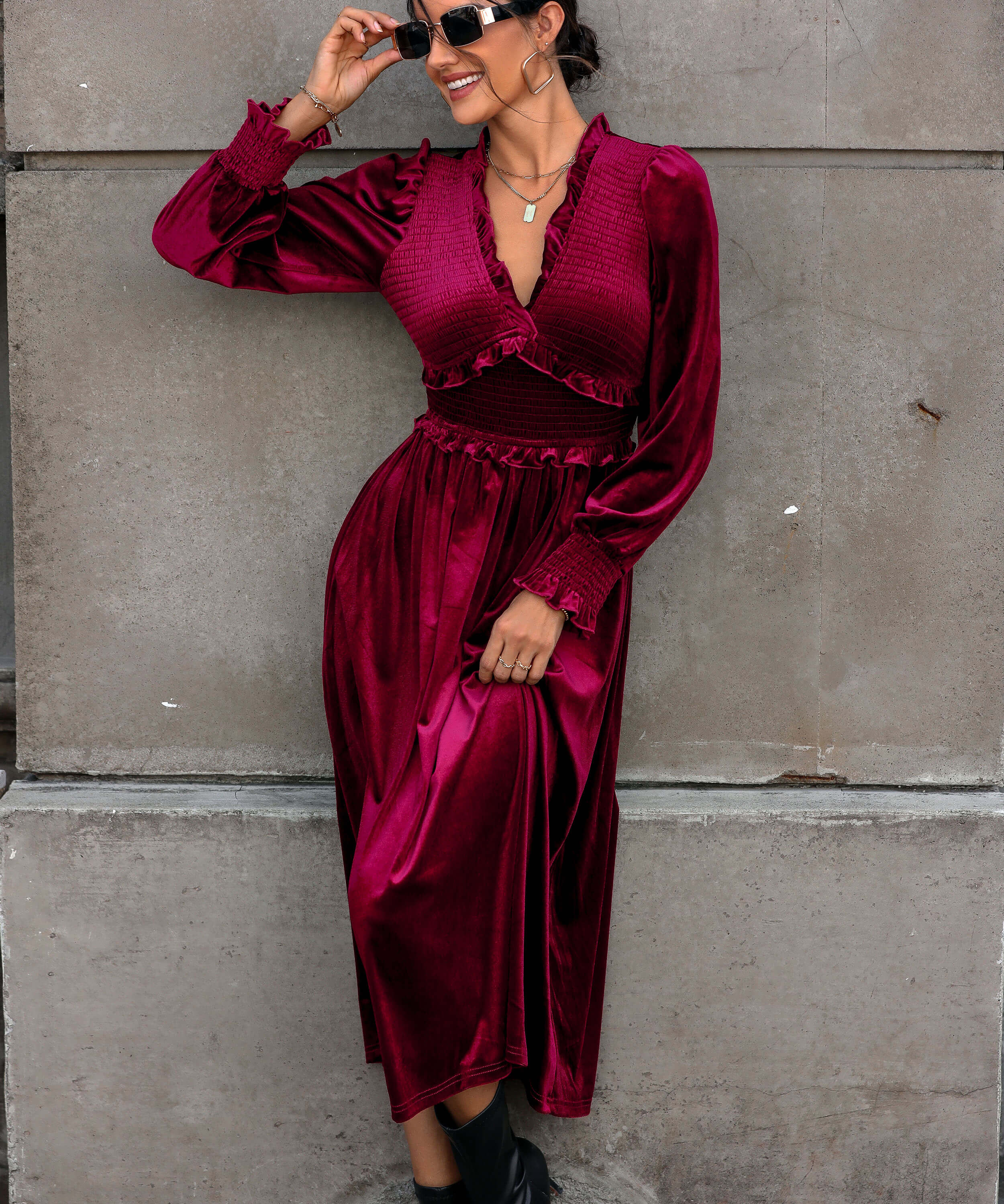 Theia V-Neck Velvet Midi Dress - Image 2