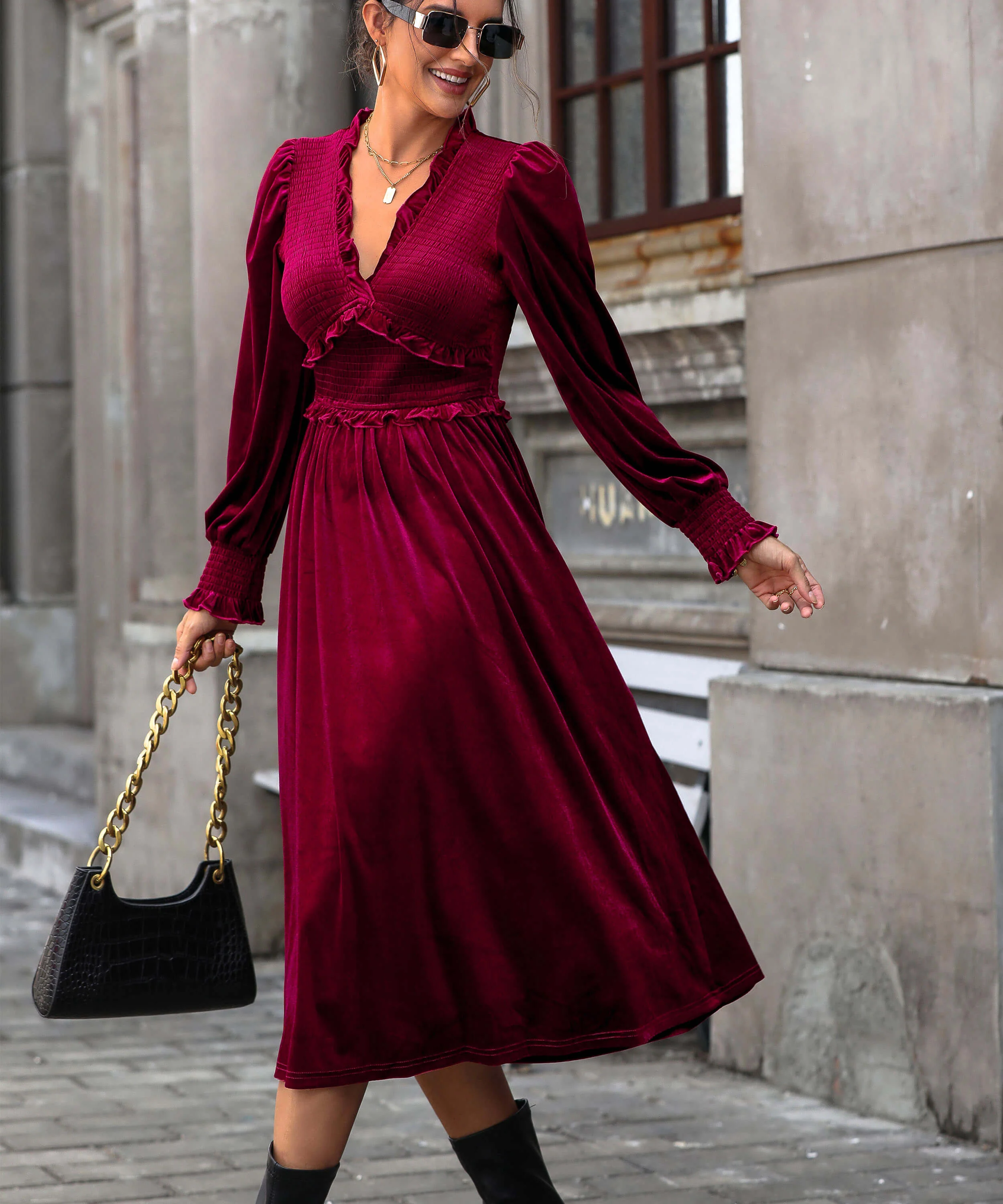 Theia V-Neck Velvet Midi Dress - Image 3