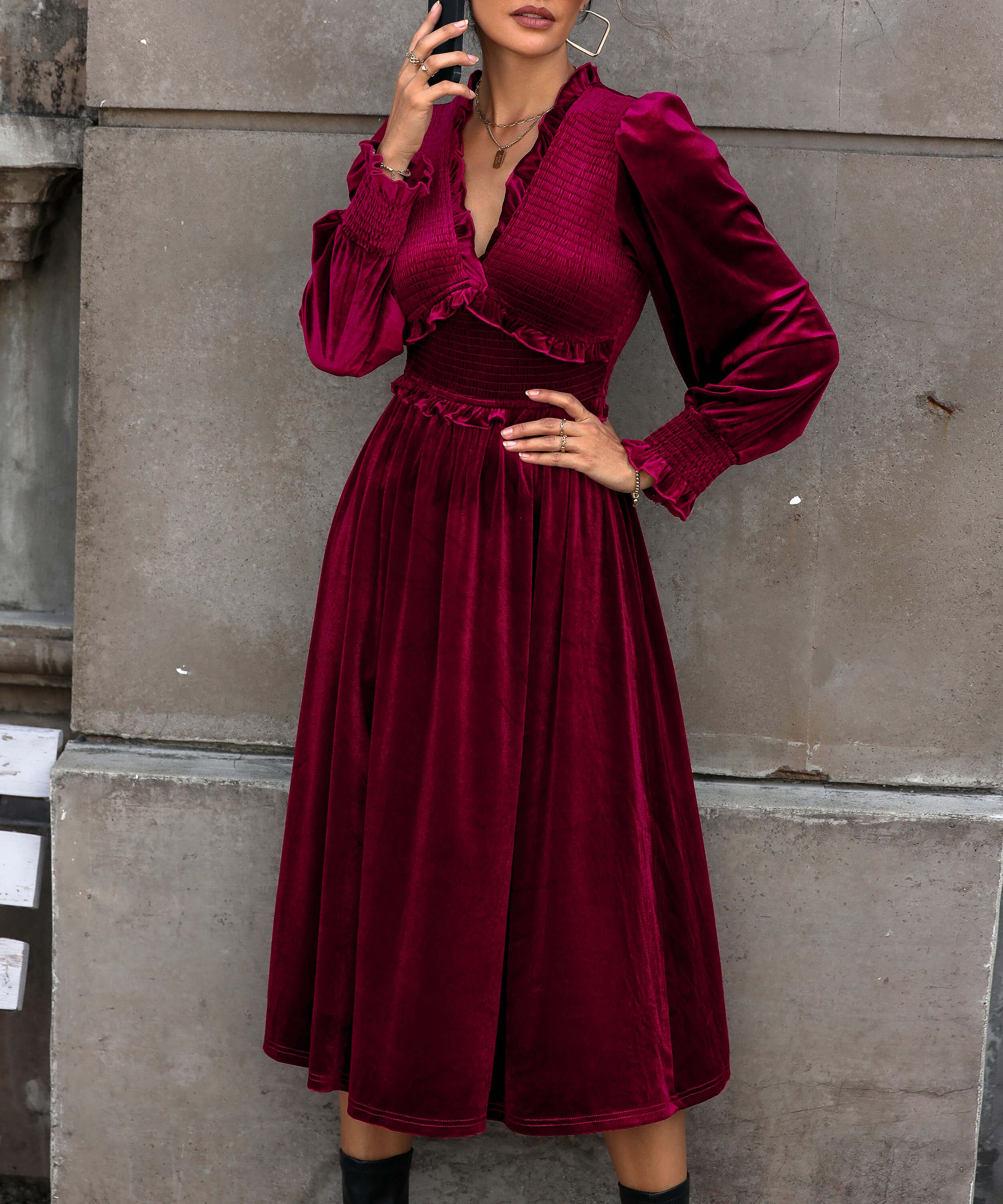 Theia V-Neck Velvet Midi Dress - Image 4