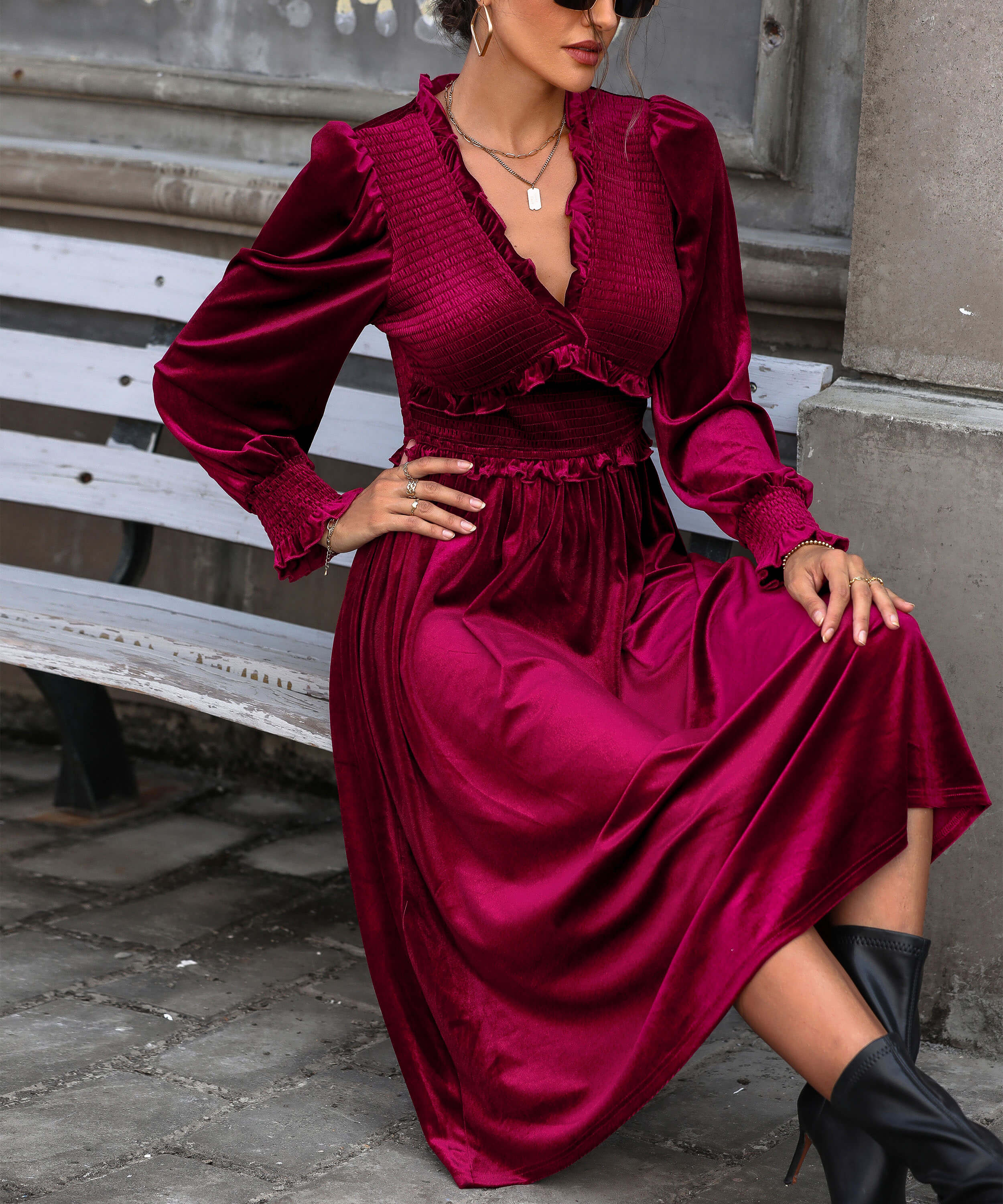 Theia V-Neck Velvet Midi Dress - Image 6