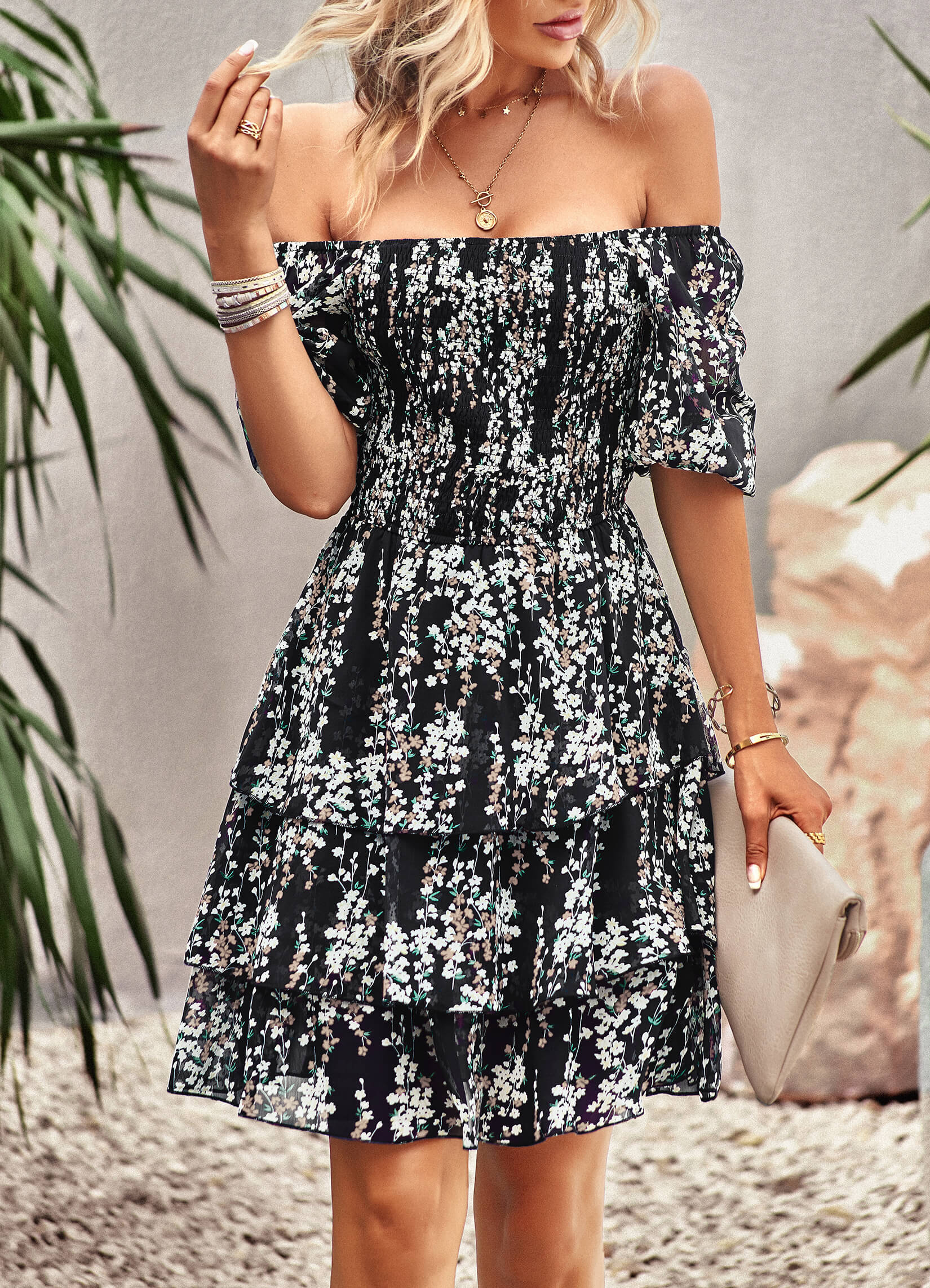 THINK GARDEN PRINTED FLORAL MINI DRESS - BLACK - Image 5