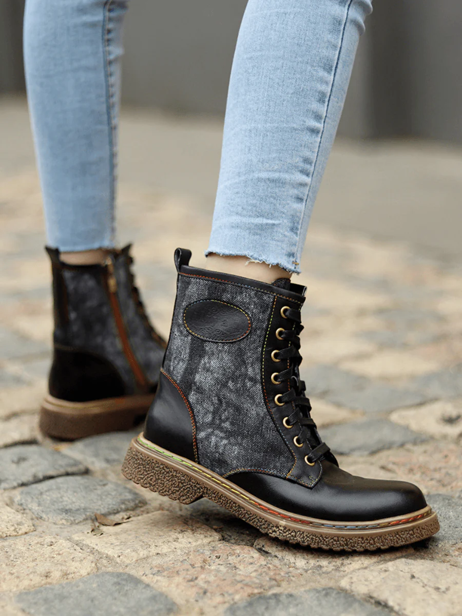 Soffia | Tie Dye-Contrast Genuine Leather Combat Boots - Image 3