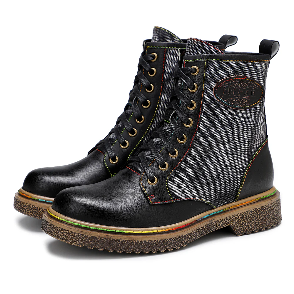 Soffia | Tie Dye-Contrast Genuine Leather Combat Boots - Image 4