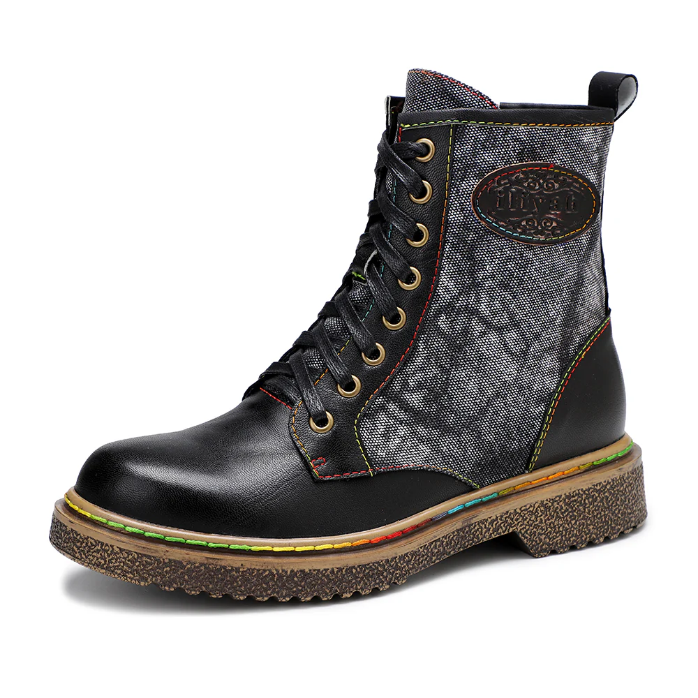 Soffia | Tie Dye-Contrast Genuine Leather Combat Boots - Image 5