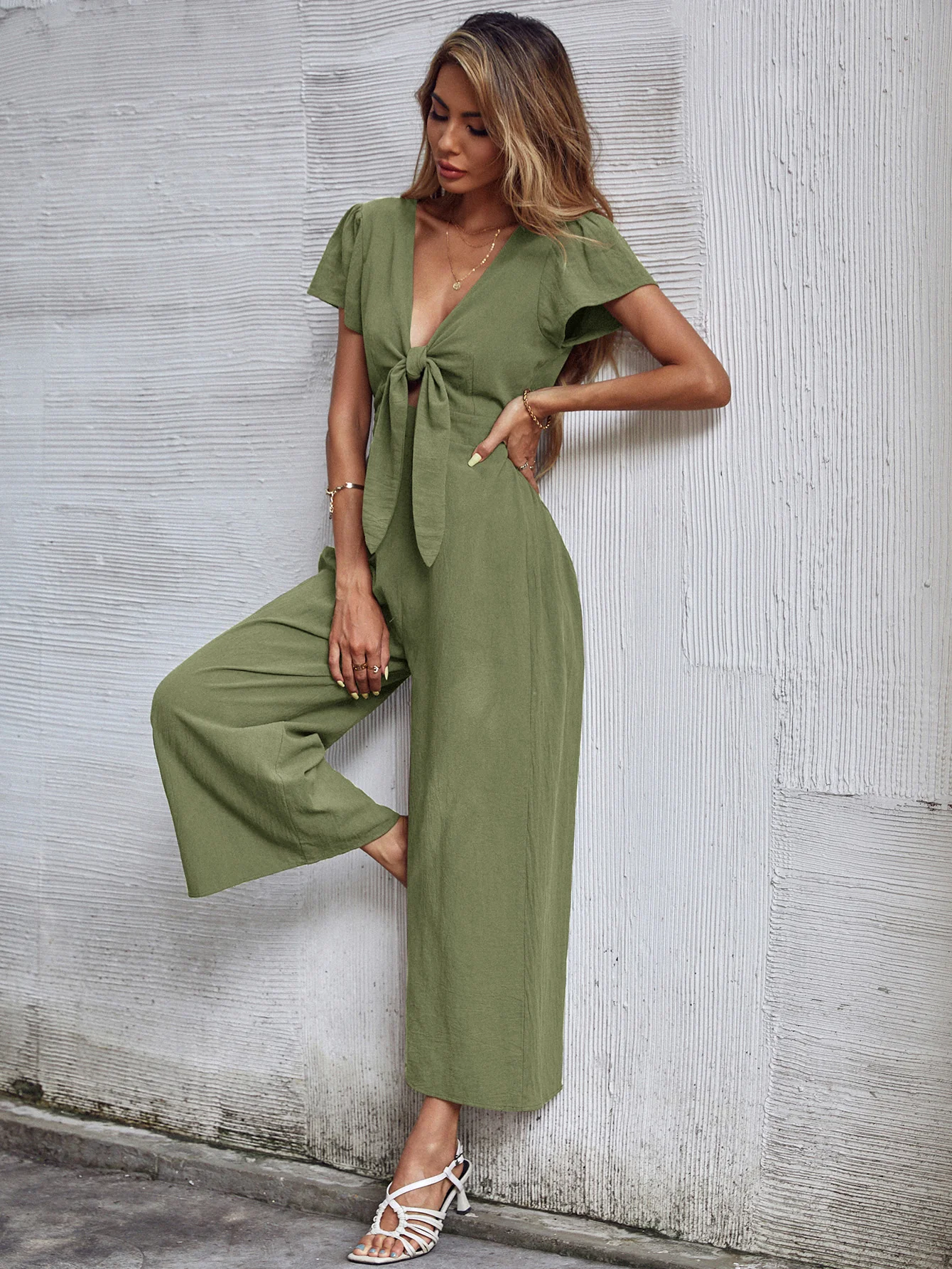 TOMMY BOW LINEN BLEND JUMPSUIT - ARMY GREEN - Image 2