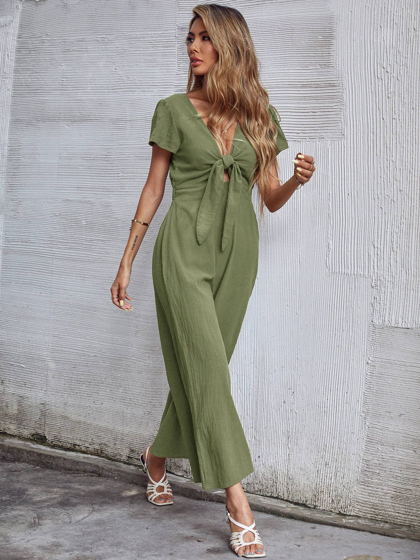 TOMMY BOW LINEN BLEND JUMPSUIT - ARMY GREEN - Image 3