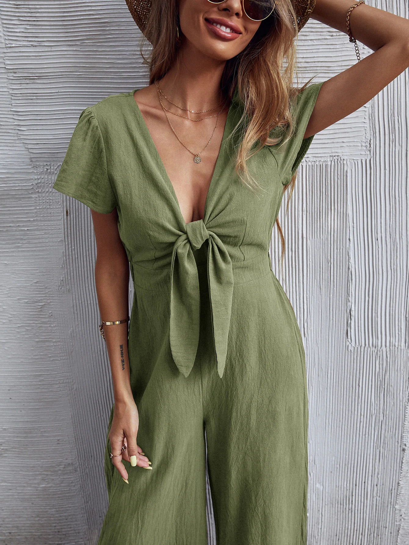 TOMMY BOW LINEN BLEND JUMPSUIT - ARMY GREEN - Image 7