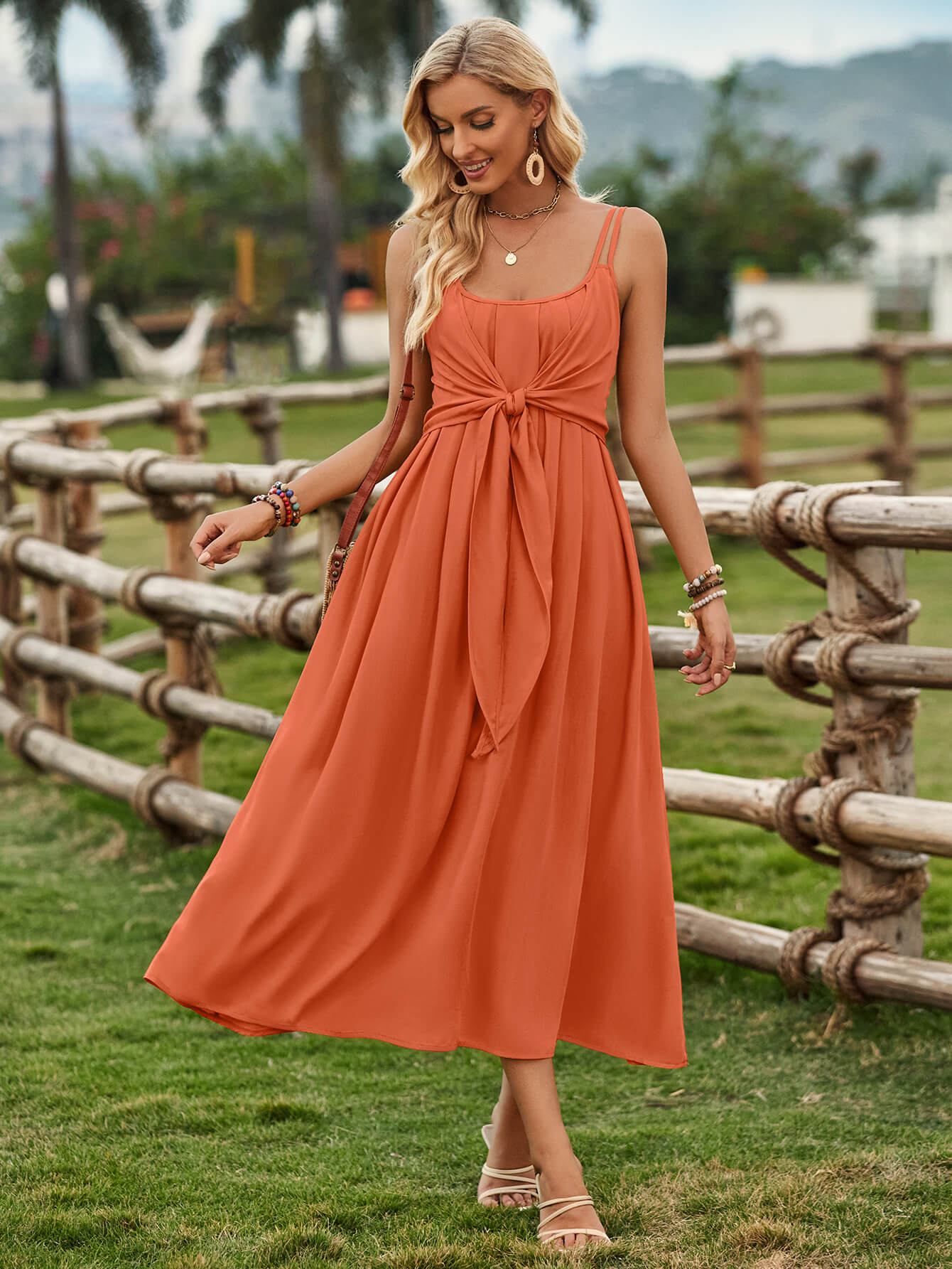 Touch Of Lawn Front Tie Midi Dress - Orange - Image 4