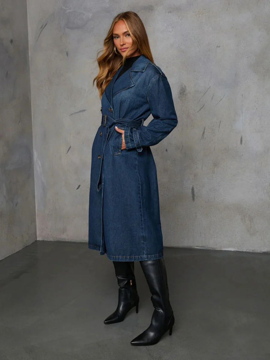 Town Stroll Double Breasted Denim Trench Coat - Image 4