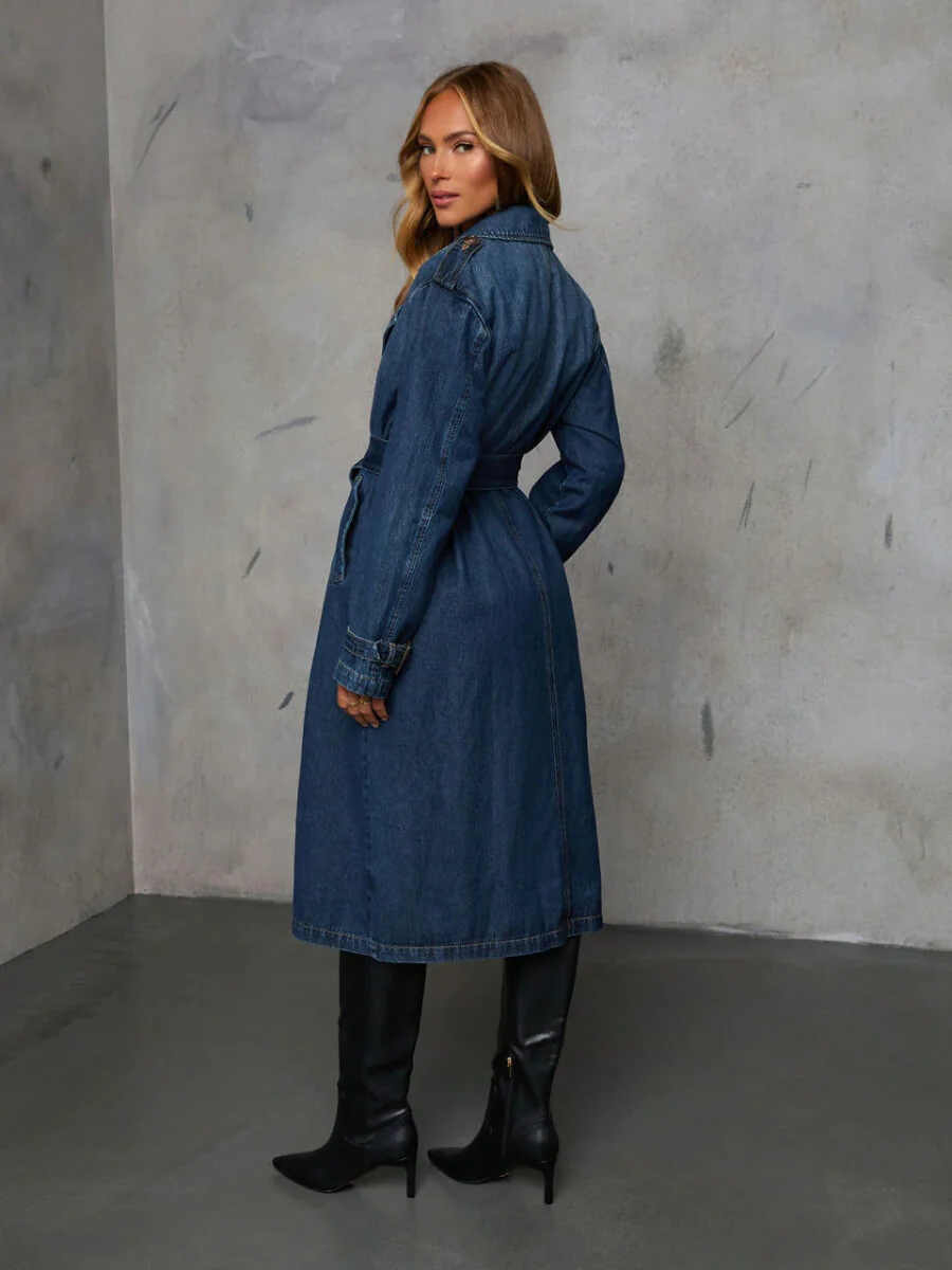 Town Stroll Double Breasted Denim Trench Coat - Image 5