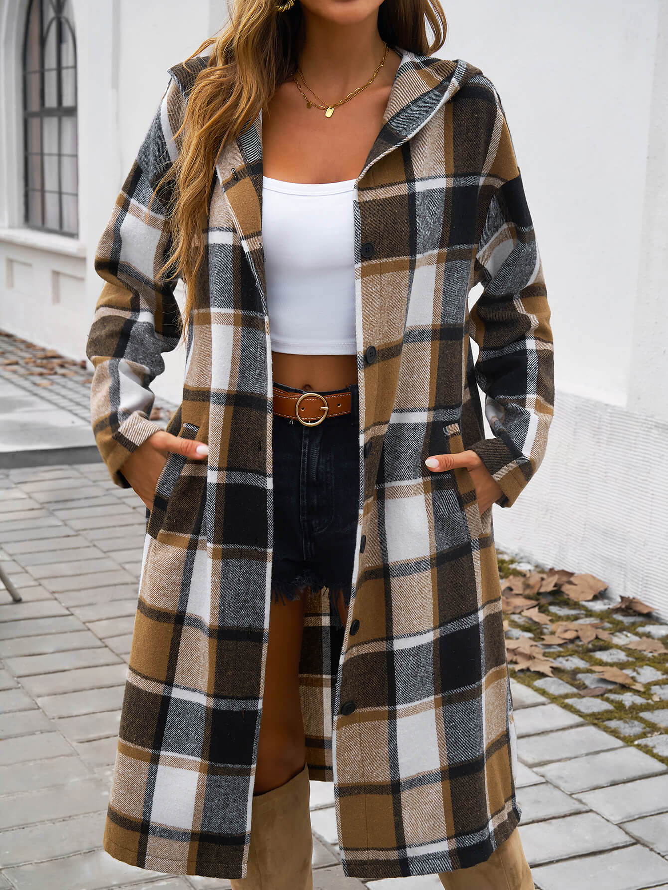 Town Stroll Plaid Hooded Coat - Brown - Image 2